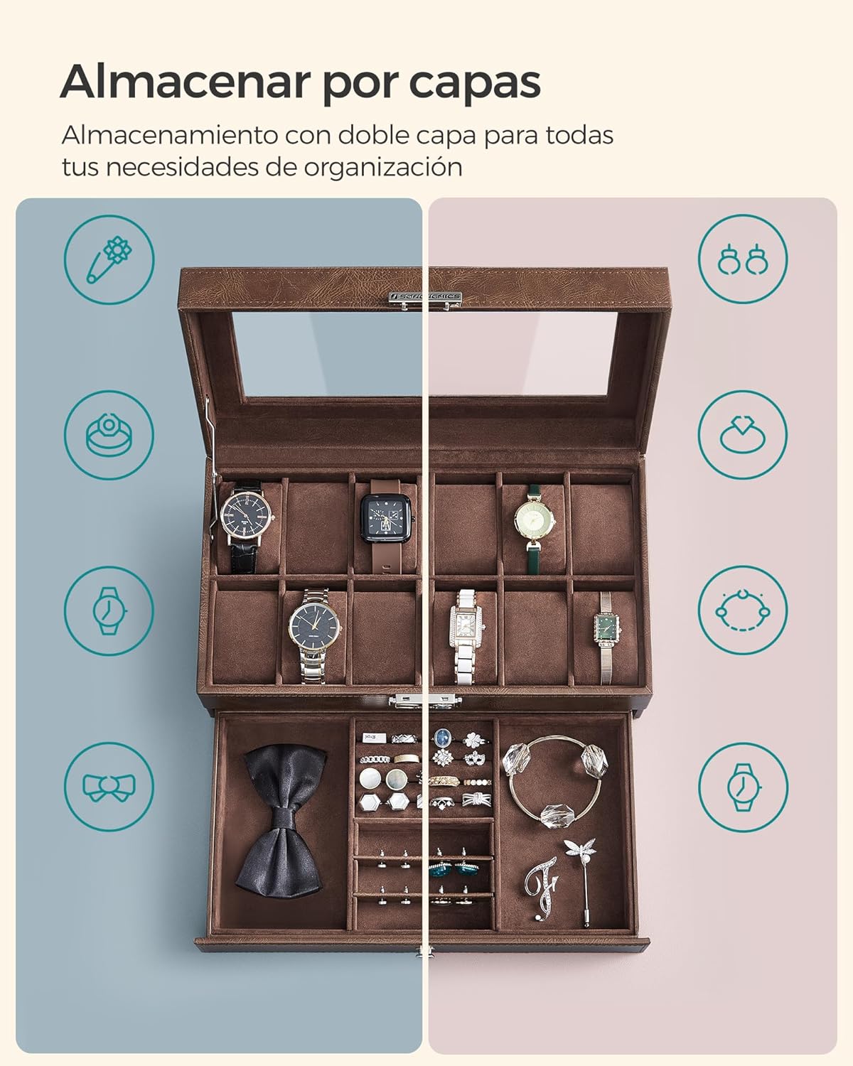 Foto 5 | Caja para Relojes Songmics Con 2 Niveles Y Tapa De Cristal Para 12 Relojes Marrón