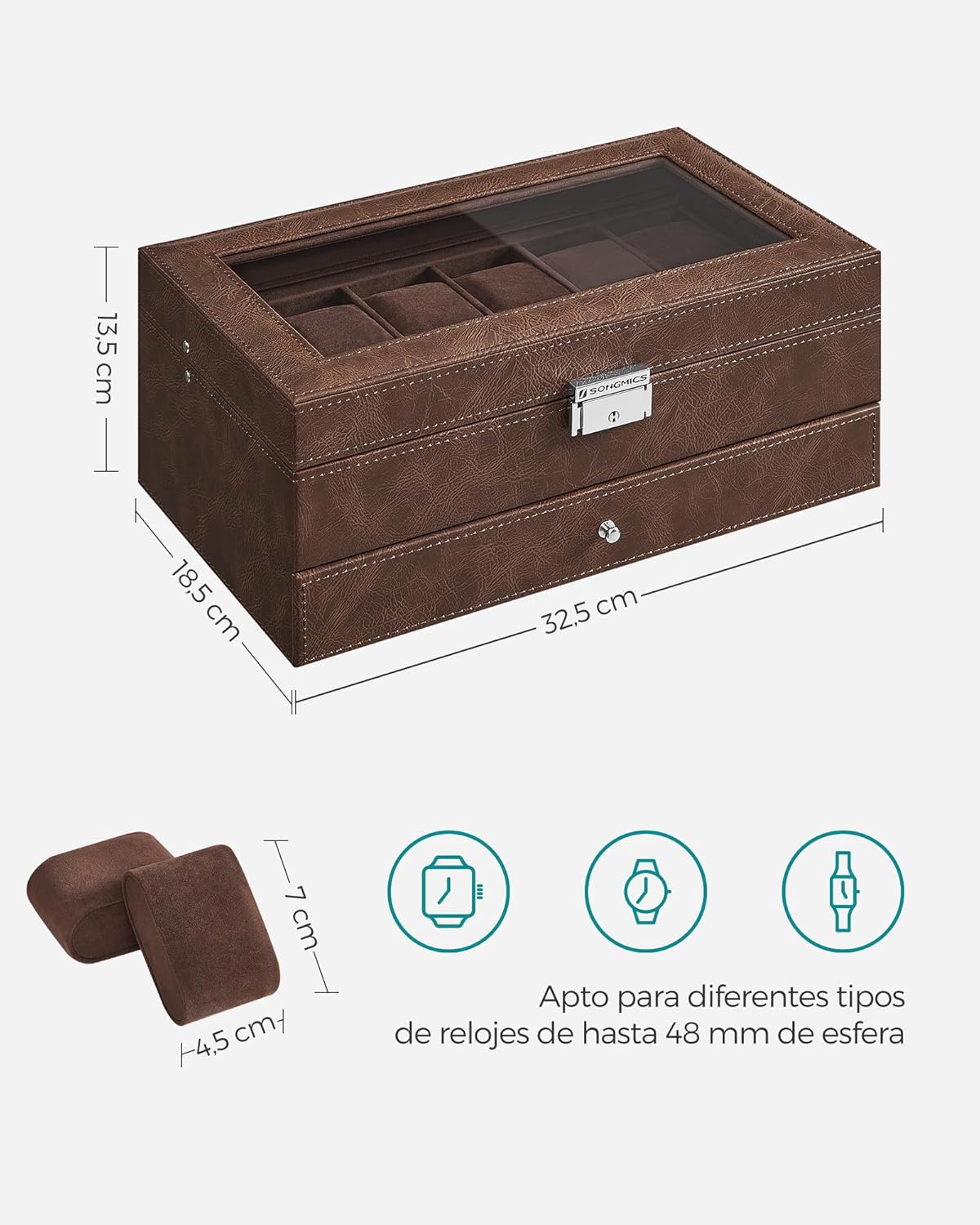 Foto 6 | Caja para Relojes Songmics Con 2 Niveles Y Tapa De Cristal Para 12 Relojes Marrón