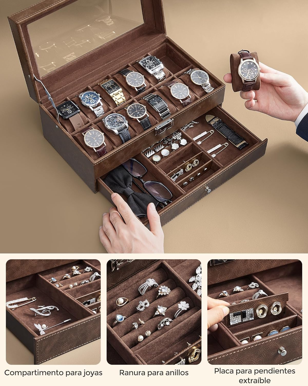 Foto 7 | Caja para Relojes Songmics Con 2 Niveles Y Tapa De Cristal Para 12 Relojes Marrón
