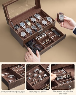Foto 7 | Caja para Relojes Songmics Con 2 Niveles Y Tapa De Cristal Para 12 Relojes Marrón