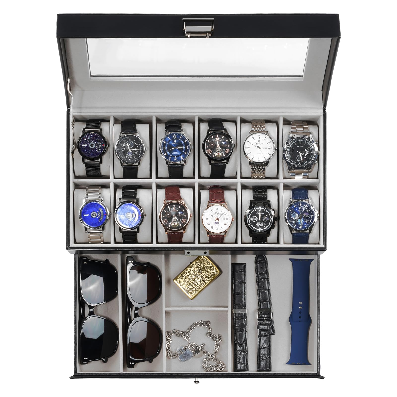 Foto 1 | Watch Box Procase De 12 Ranuras Para Hombre Con Tapa De Cristal Y Cajón, Color Negro - Venta Internacional.