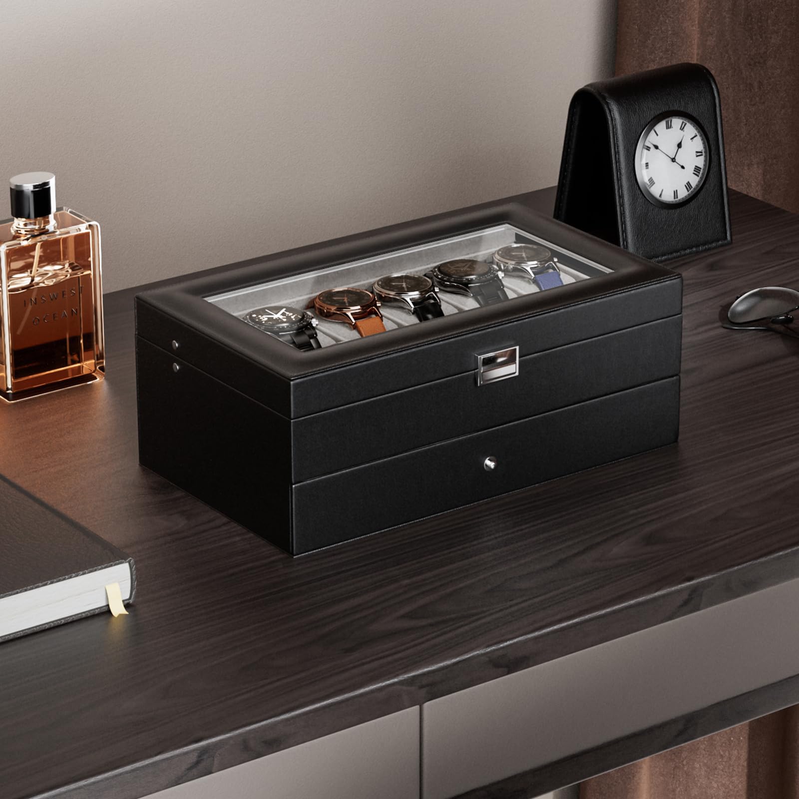 Foto 2 | Watch Box Procase De 12 Ranuras Para Hombre Con Tapa De Cristal Y Cajón, Color Negro - Venta Internacional.