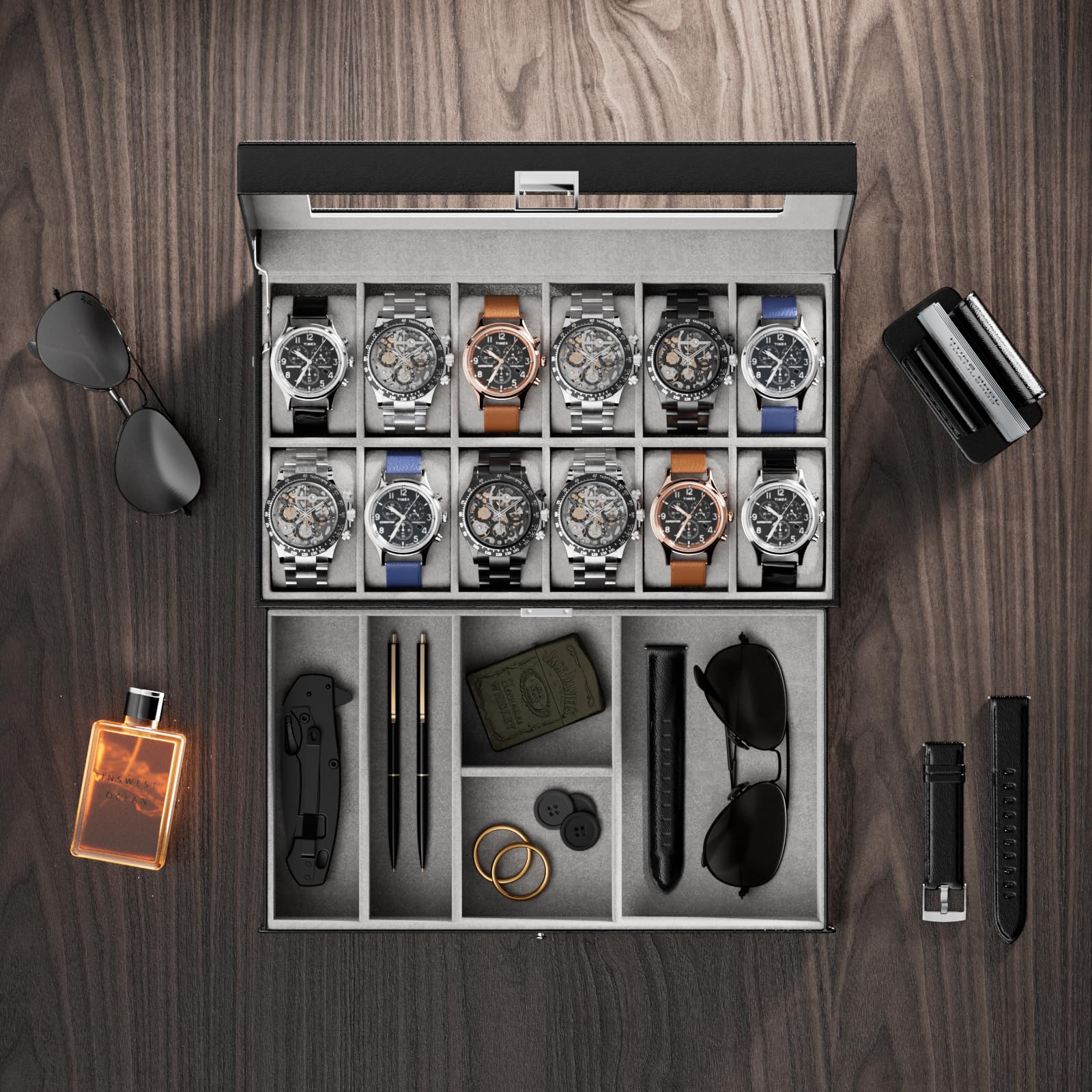 Foto 3 | Watch Box Procase De 12 Ranuras Para Hombre Con Tapa De Cristal Y Cajón, Color Negro - Venta Internacional.