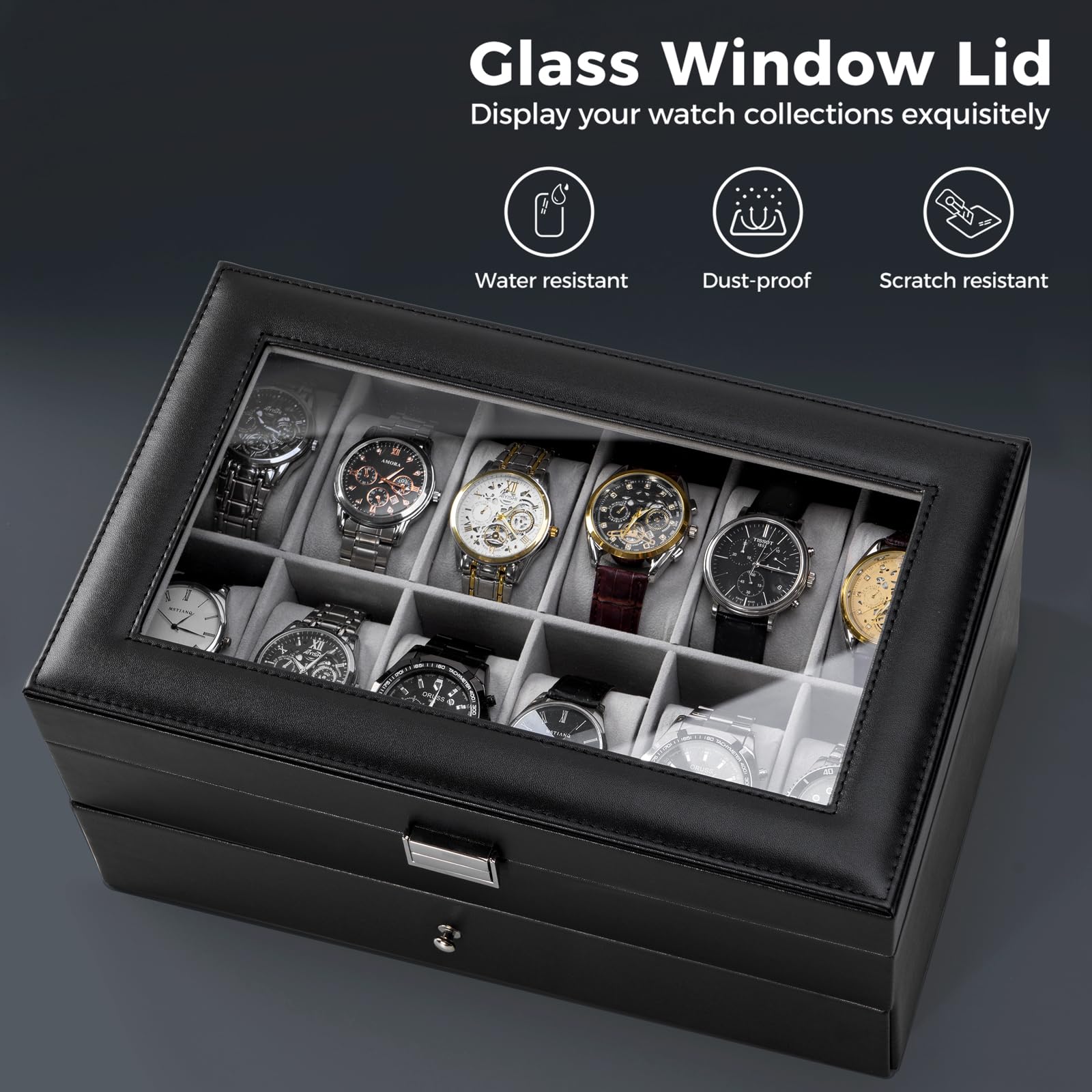 Foto 4 | Watch Box Procase De 12 Ranuras Para Hombre Con Tapa De Cristal Y Cajón, Color Negro - Venta Internacional.