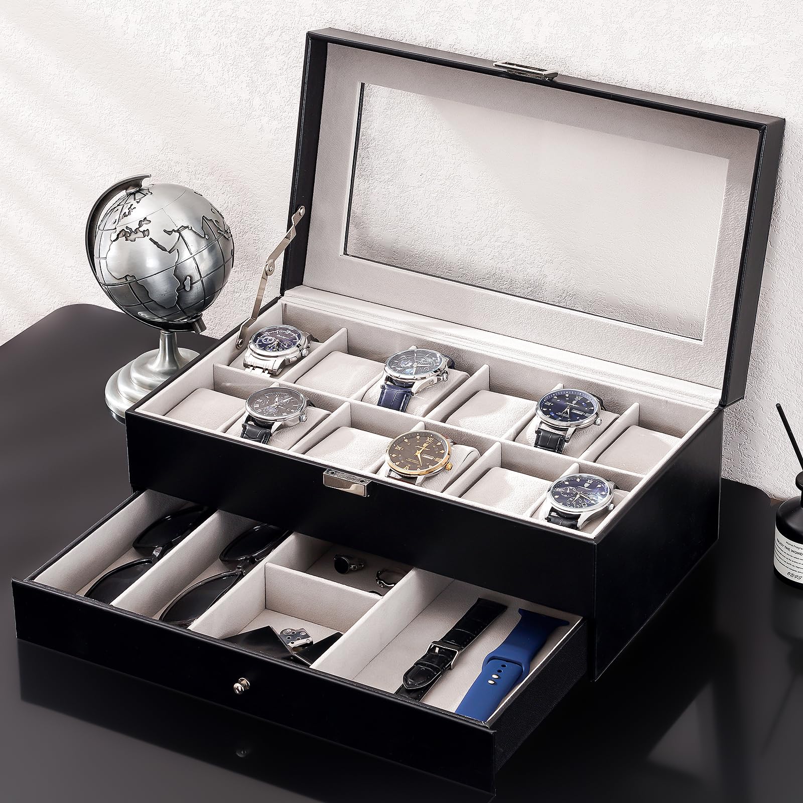 Foto 6 pulgar | Watch Box Procase De 12 Ranuras Para Hombre Con Tapa De Cristal Y Cajón, Color Negro - Venta Internacional.