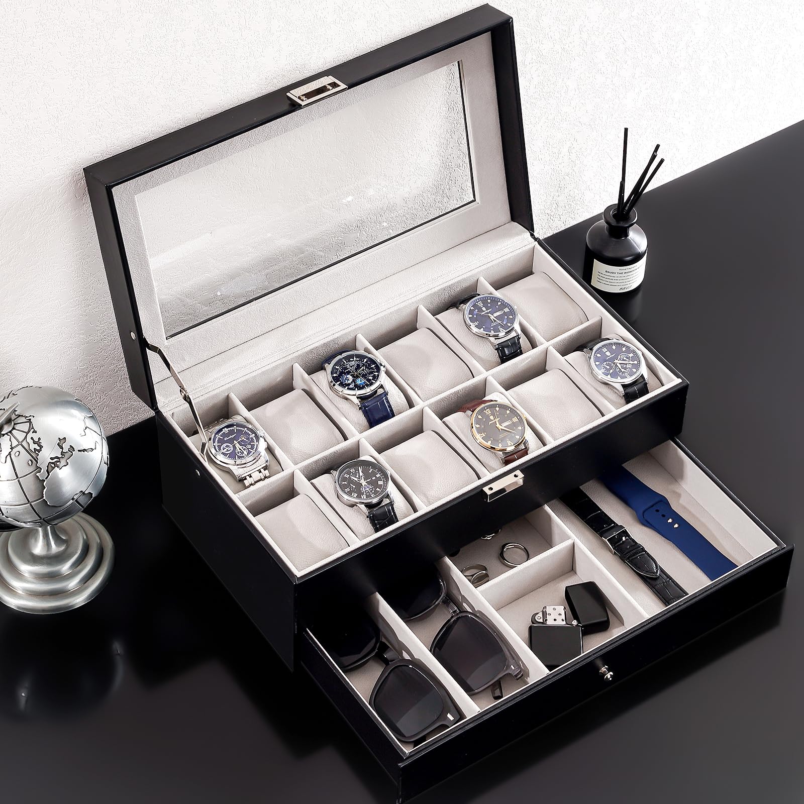 Foto 8 pulgar | Watch Box Procase De 12 Ranuras Para Hombre Con Tapa De Cristal Y Cajón, Color Negro - Venta Internacional.