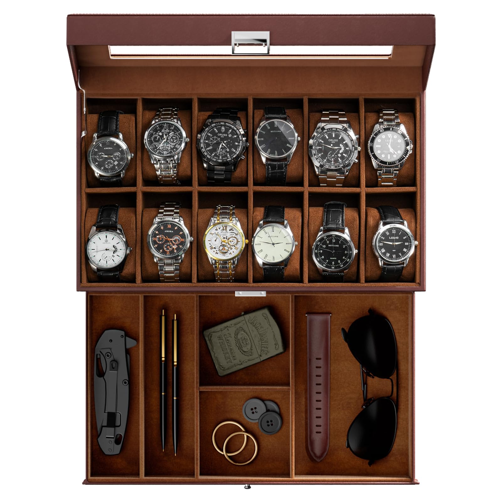 Foto 2 pulgar | Watch Box Procase De 12 Ranuras Para Hombre Con Tapa De Cristal Con Cajón - Venta Internacional.