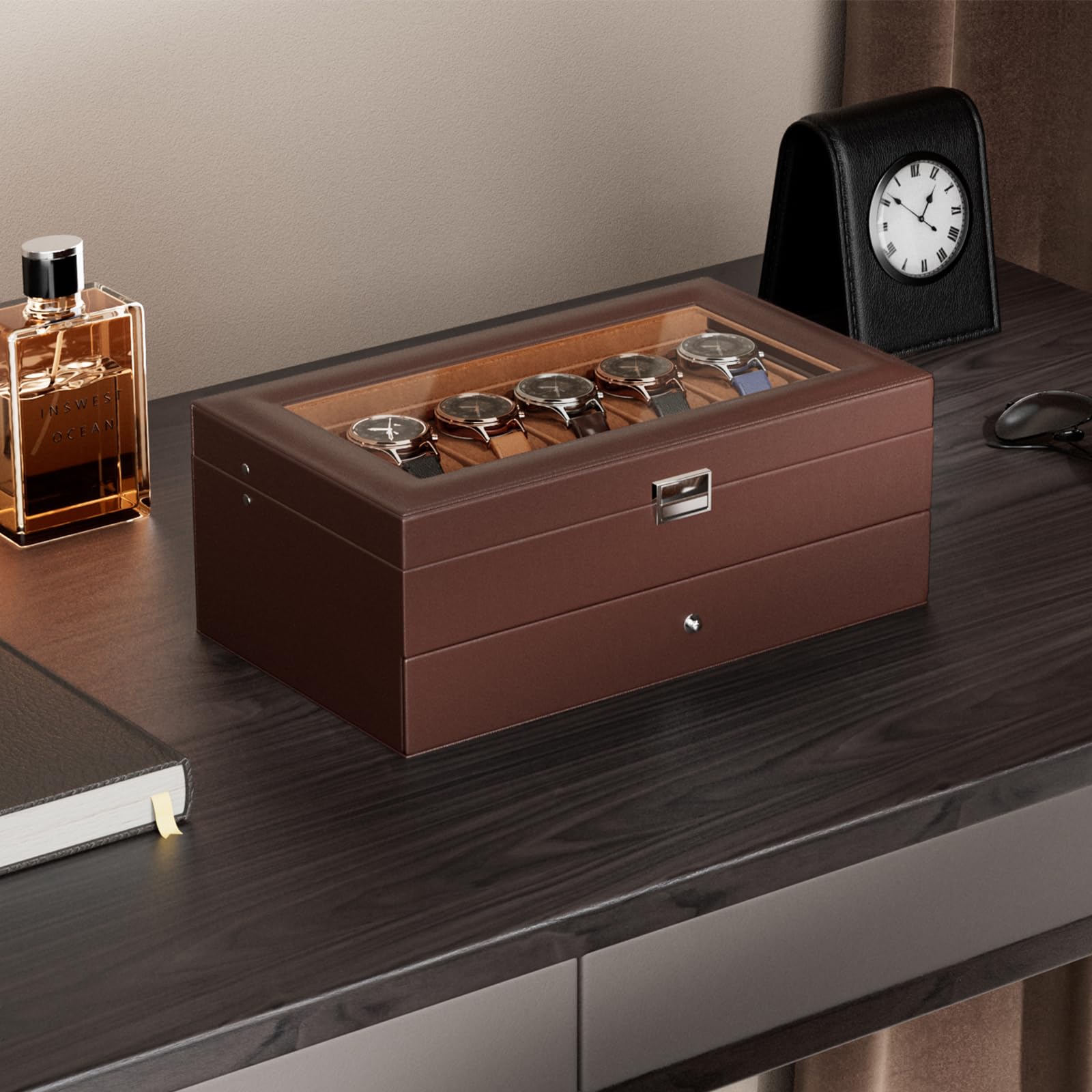 Foto 2 | Watch Box Procase De 12 Ranuras Para Hombre Con Tapa De Cristal Con Cajón - Venta Internacional.