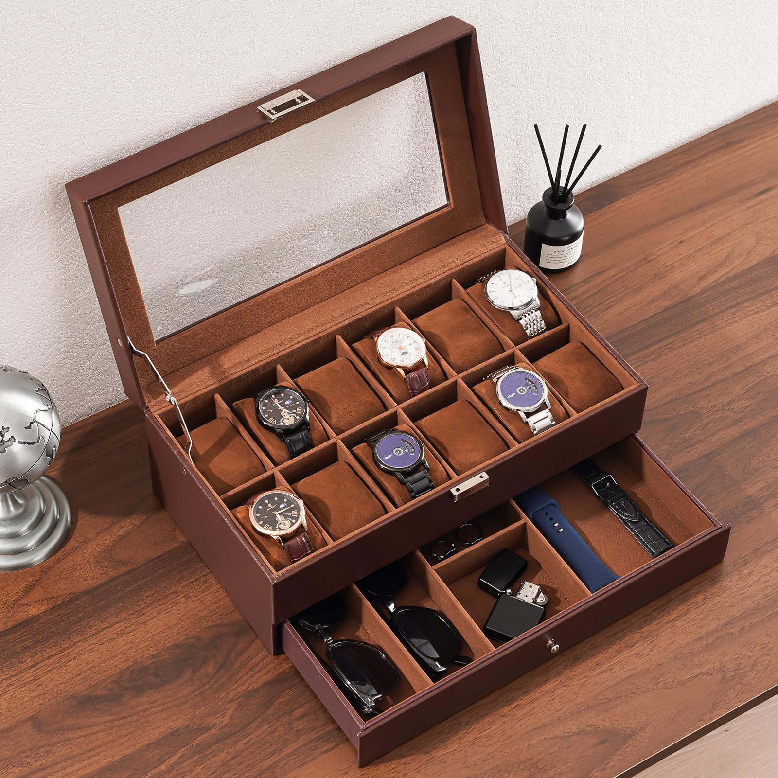 Foto 4 pulgar | Watch Box Procase De 12 Ranuras Para Hombre Con Tapa De Cristal Con Cajón - Venta Internacional.