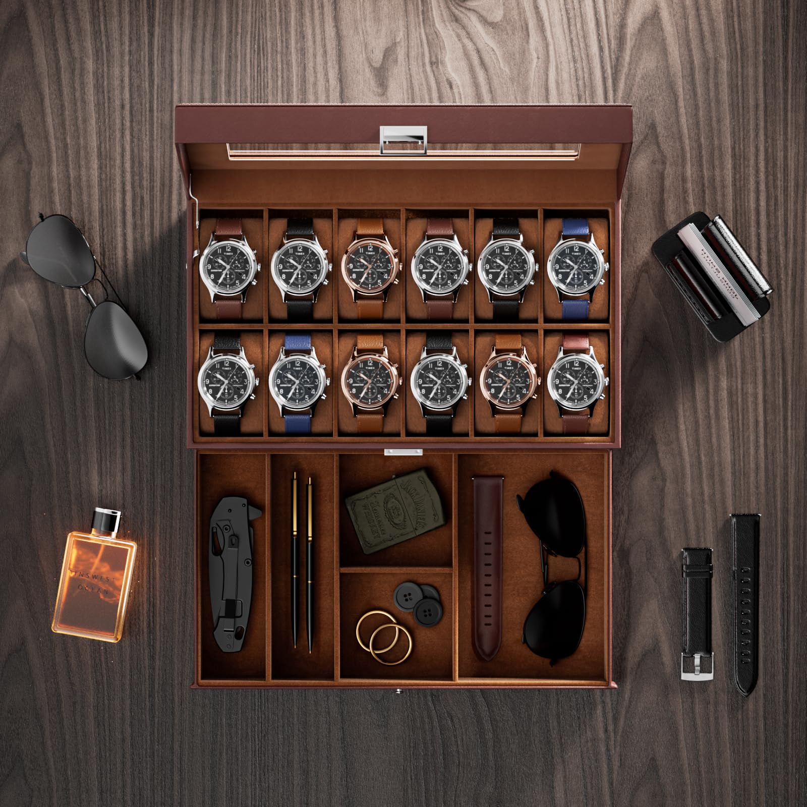 Foto 5 pulgar | Watch Box Procase De 12 Ranuras Para Hombre Con Tapa De Cristal Con Cajón - Venta Internacional.