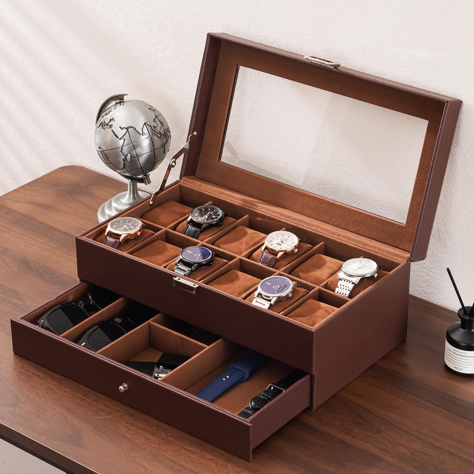 Foto 7 pulgar | Watch Box Procase De 12 Ranuras Para Hombre Con Tapa De Cristal Con Cajón - Venta Internacional.