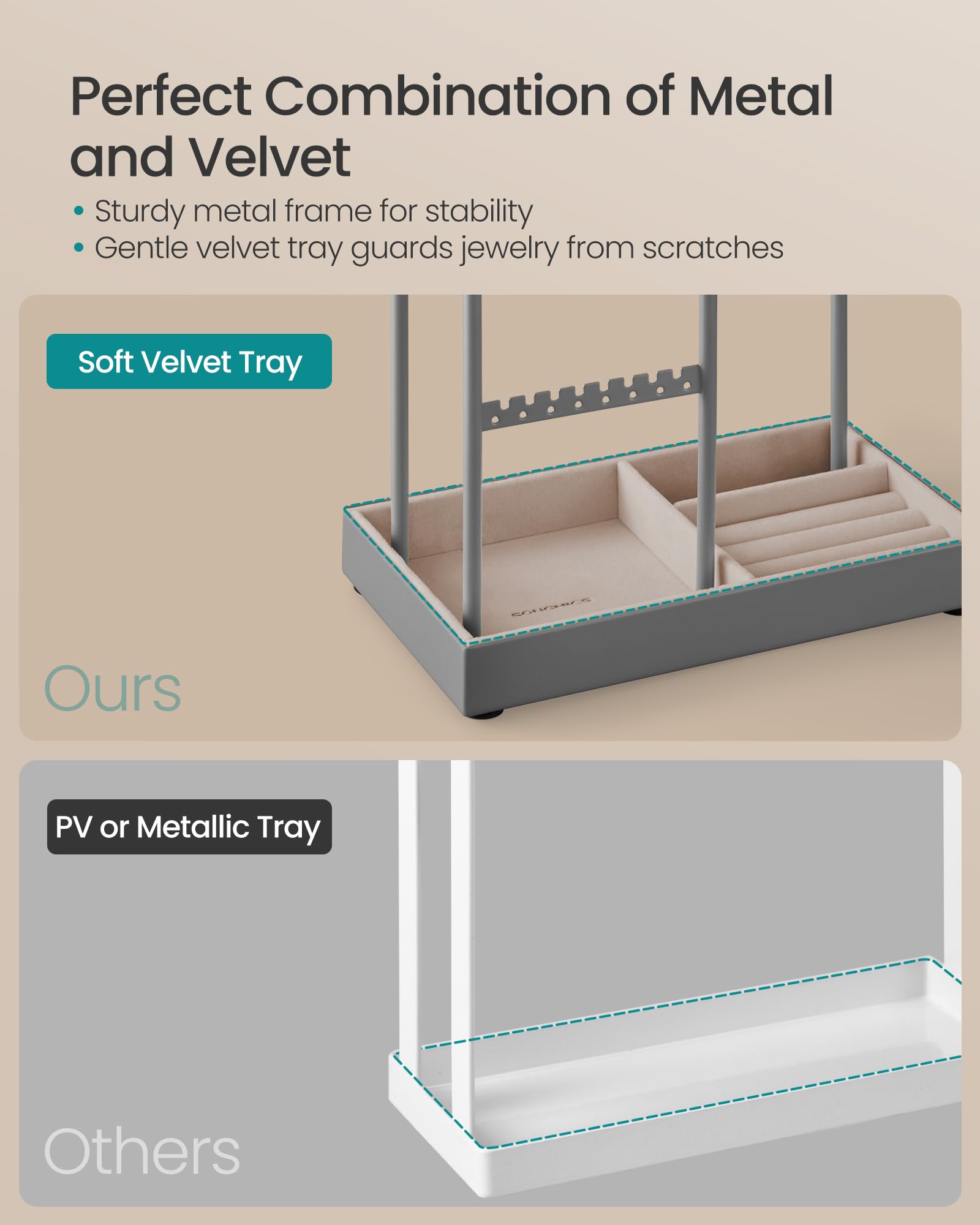 Foto 6 | Soporte Para Joyas Songmics Bandeja De Terciopelo Con Marco De Metal Gris Tórtola - Venta Internacional.