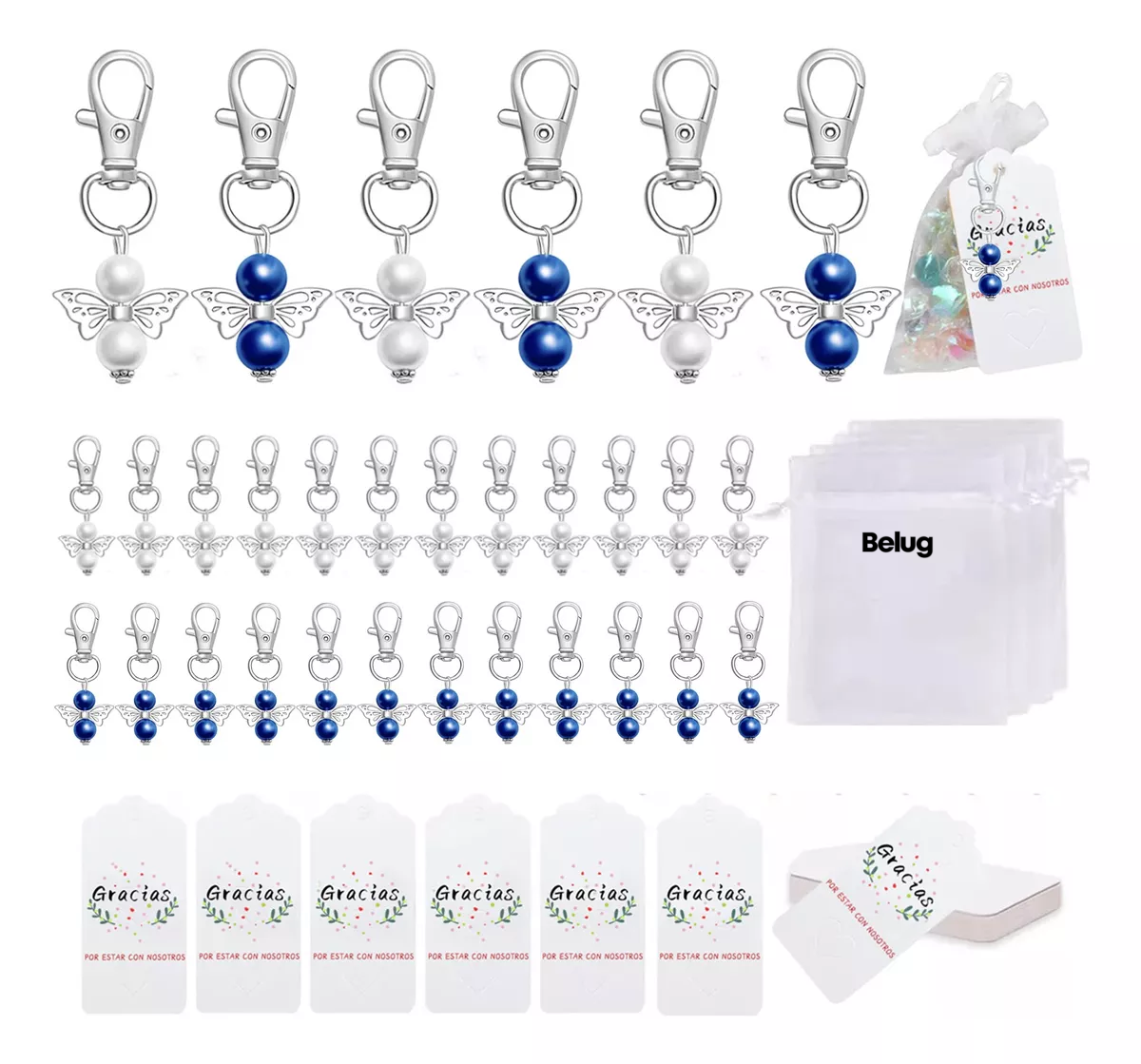 120 Llaveros Belug de Ángel con Bolsos de Organza Azul con Blanco