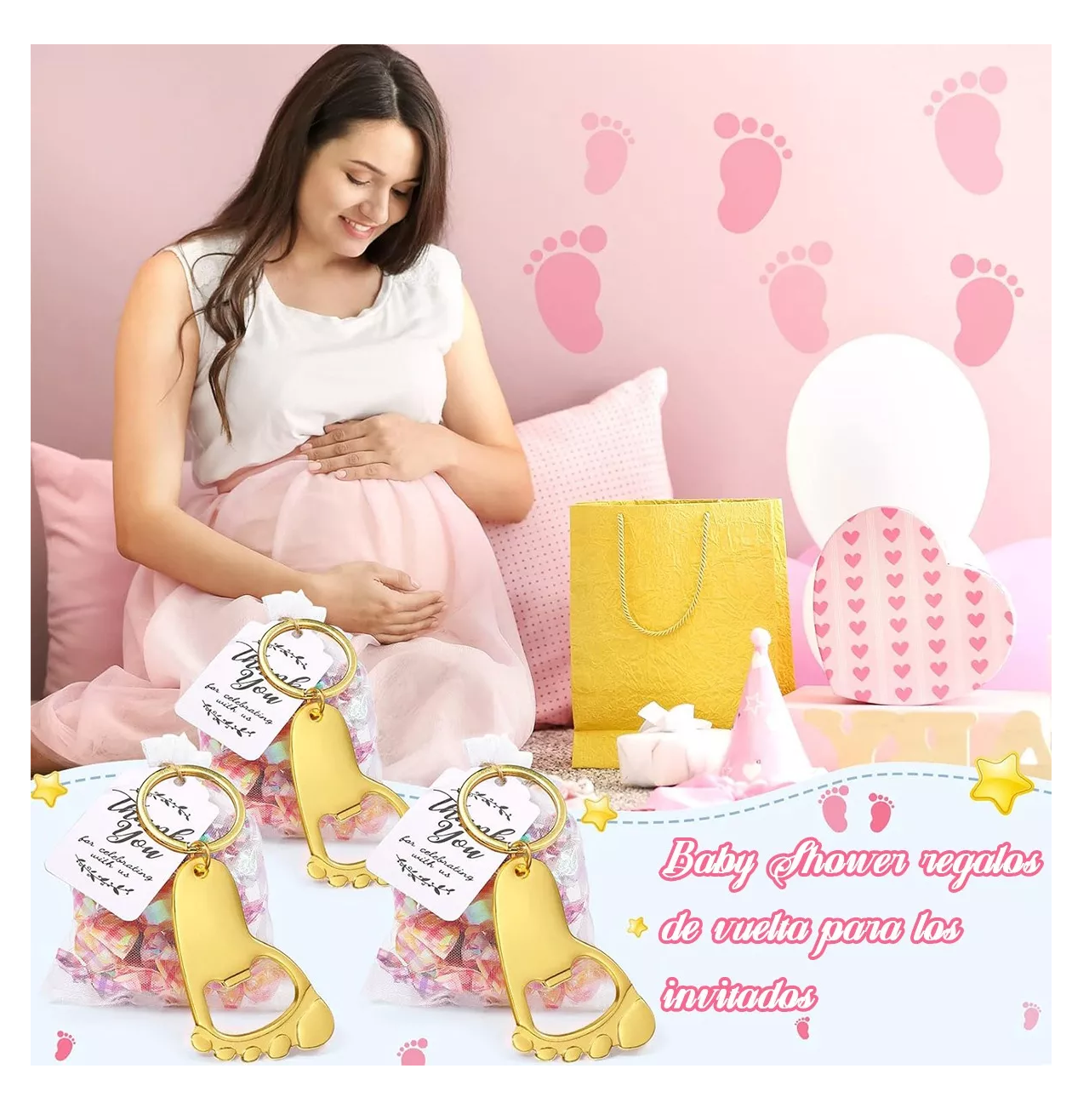 Foto 4 pulgar | Llaveros Saca Corchos Regalo De Baby Shower Huellas 20 Pzas Dorado