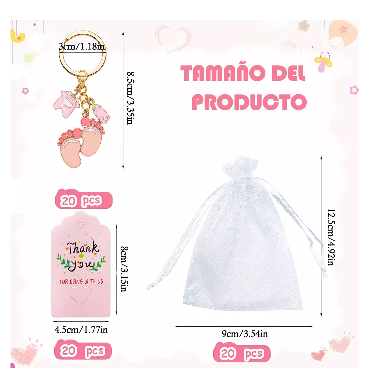 Foto 2 | Llaveros Grandes Regalo De Baby Shower Huellas De Biberón 20 Pzas Rosa