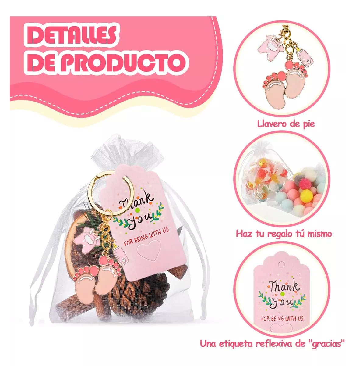 Foto 4 pulgar | Llaveros Grandes Regalo De Baby Shower Huellas De Biberón 20 Pzas Rosa