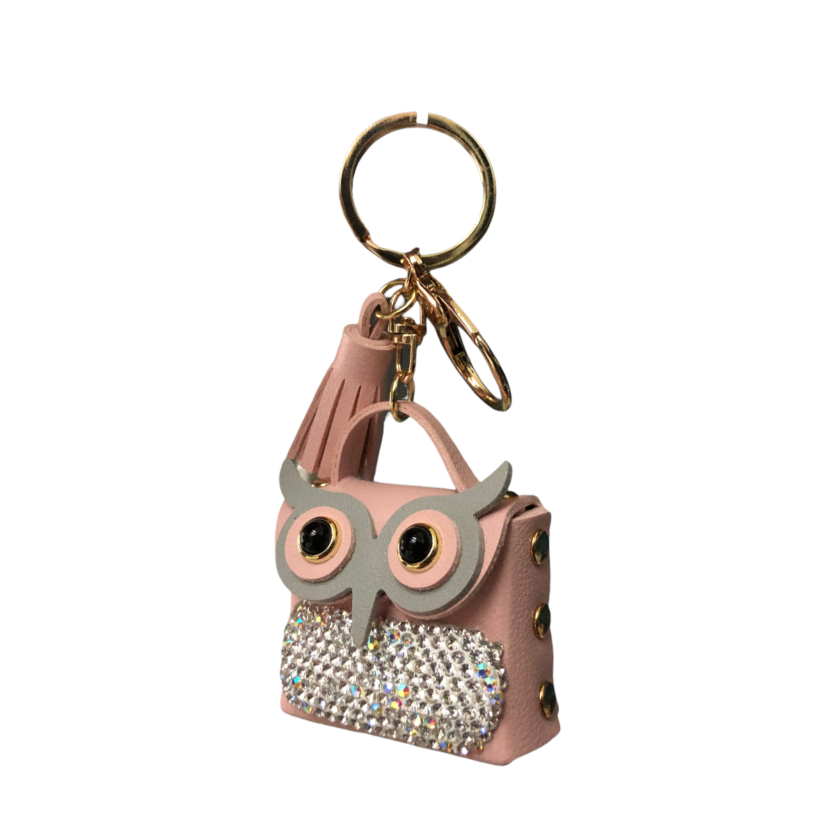 Llavero De Bolsita Búho Flecos Pedrería Color Rosa
