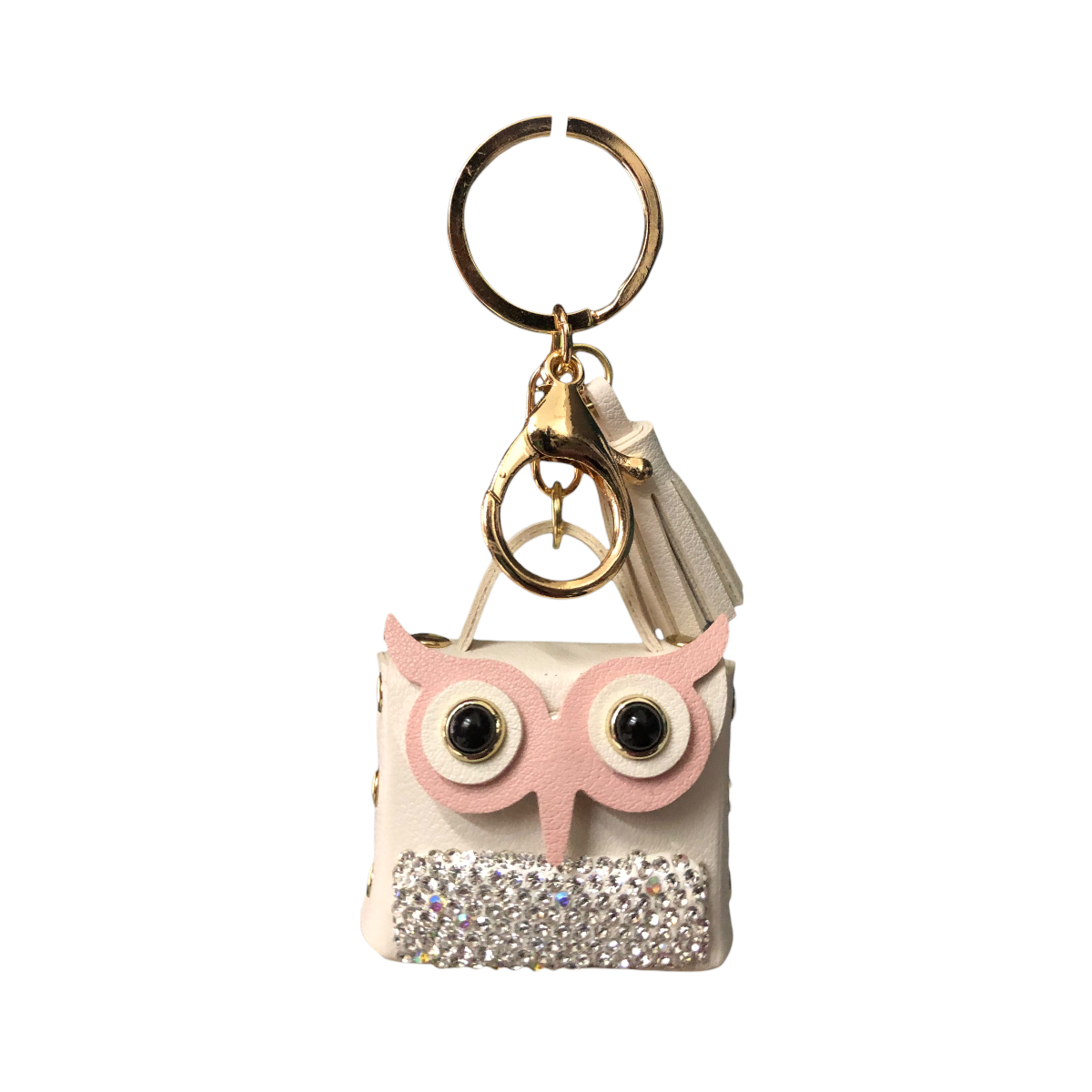Llavero De Bolsita Búho Flecos Pedrería Color Blanco