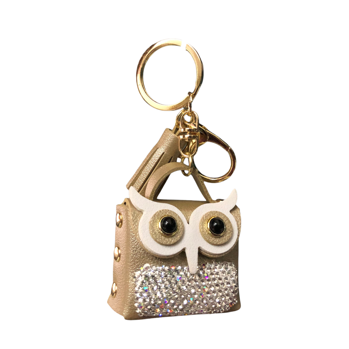 Llavero De Bolsita Búho Flecos Pedrería Color Dorado