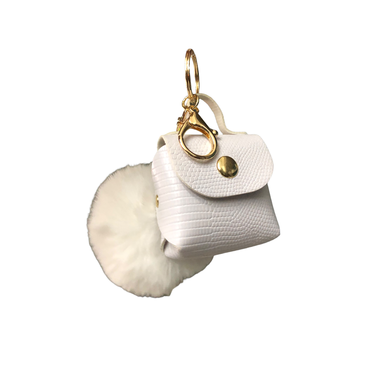 Llavero Bolsita Con Pompón Efecto Serpiente Color Blanco