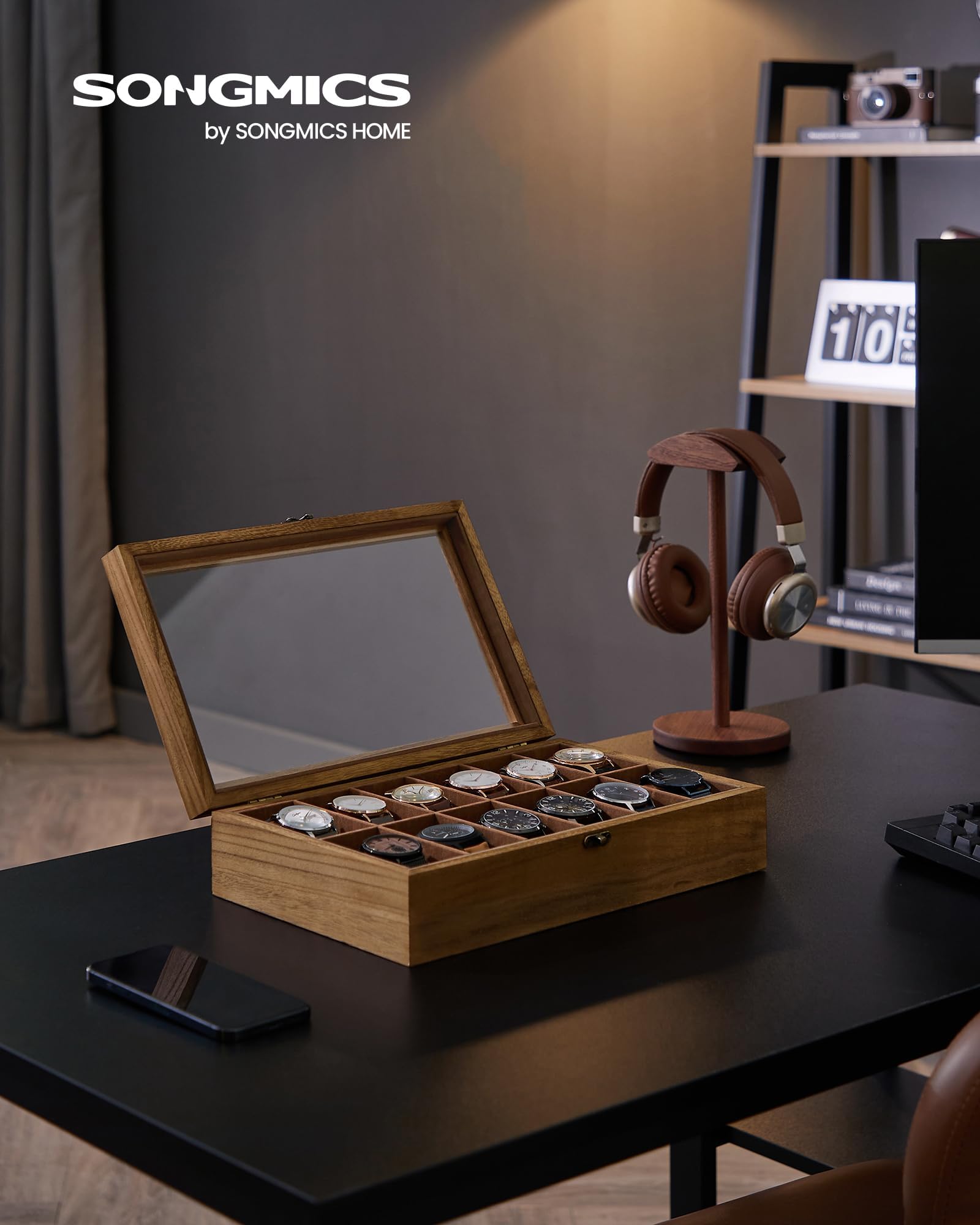 Foto 2 | Watch Box Songmics Organizador De Madera De Nogal Rústico Con 12 Ranuras - Venta Internacional.