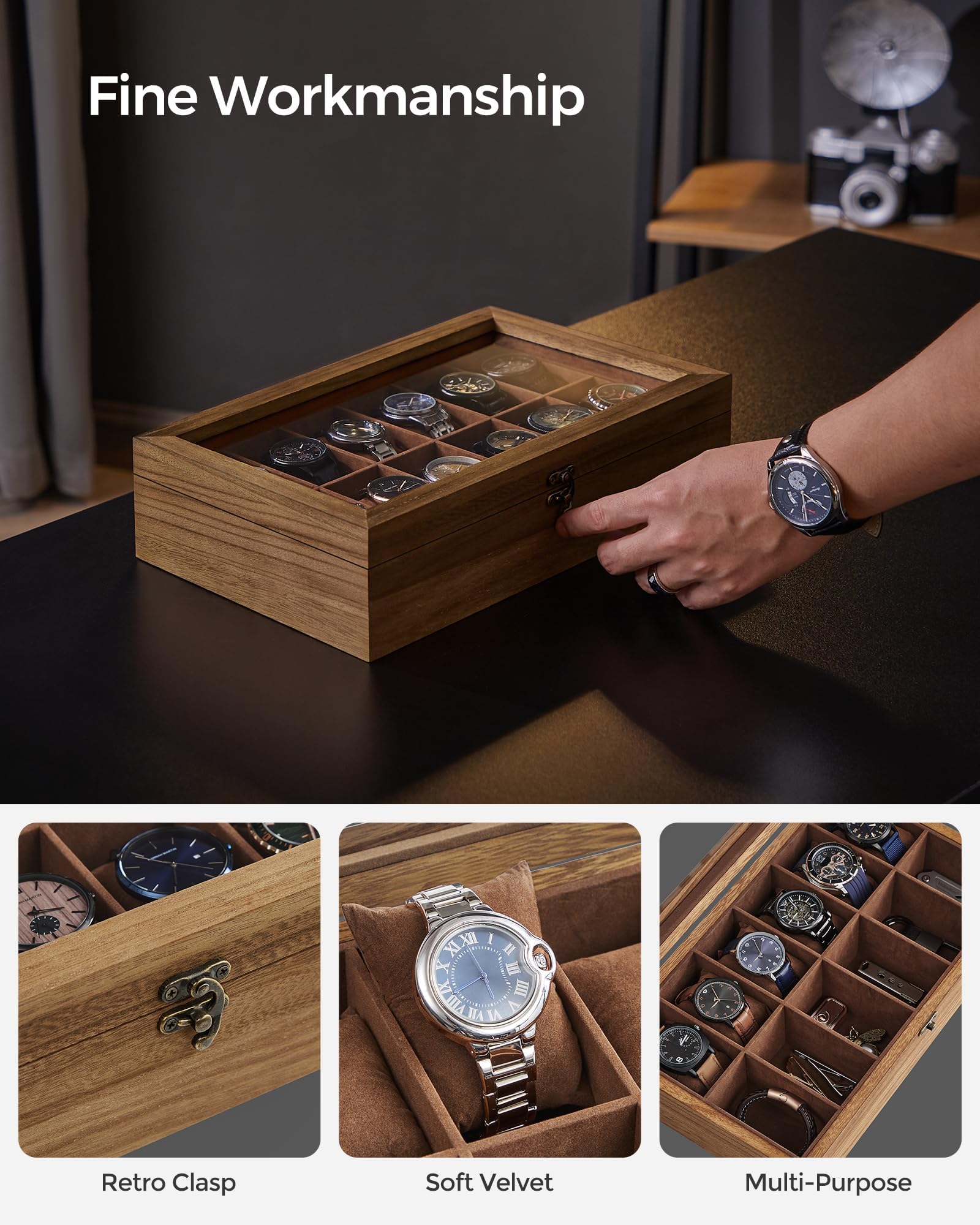 Foto 4 pulgar | Watch Box Songmics Organizador De Madera De Nogal Rústico Con 12 Ranuras - Venta Internacional.