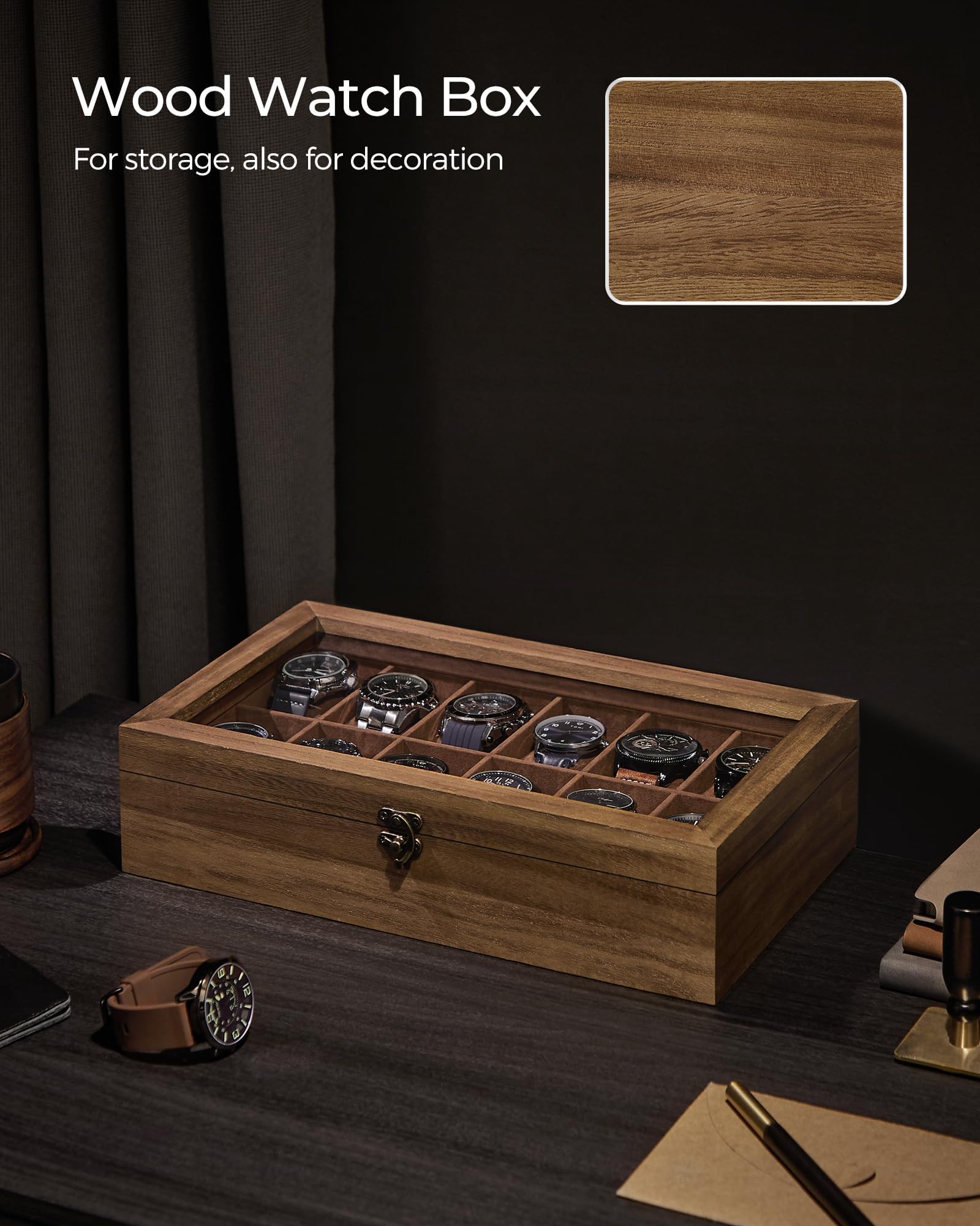 Foto 6 | Watch Box Songmics Organizador De Madera De Nogal Rústico Con 12 Ranuras - Venta Internacional.