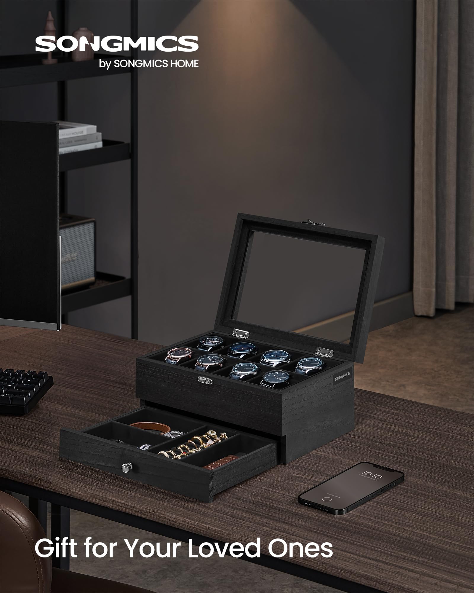 Foto 2 | Watch Box Songmics De 8 Ranuras Y 2 Niveles Con Tapa De Vidrio Y Tinta Negra Ujow008b02 - Venta Internacional.