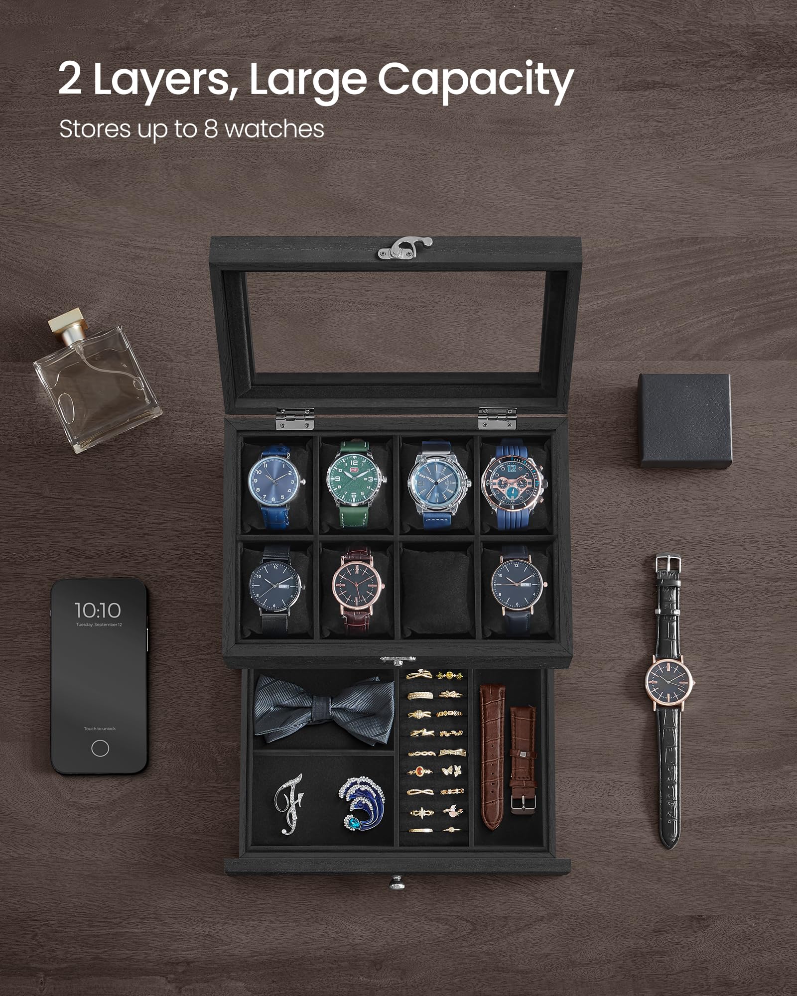 Foto 4 pulgar | Watch Box Songmics De 8 Ranuras Y 2 Niveles Con Tapa De Vidrio Y Tinta Negra Ujow008b02 - Venta Internacional.