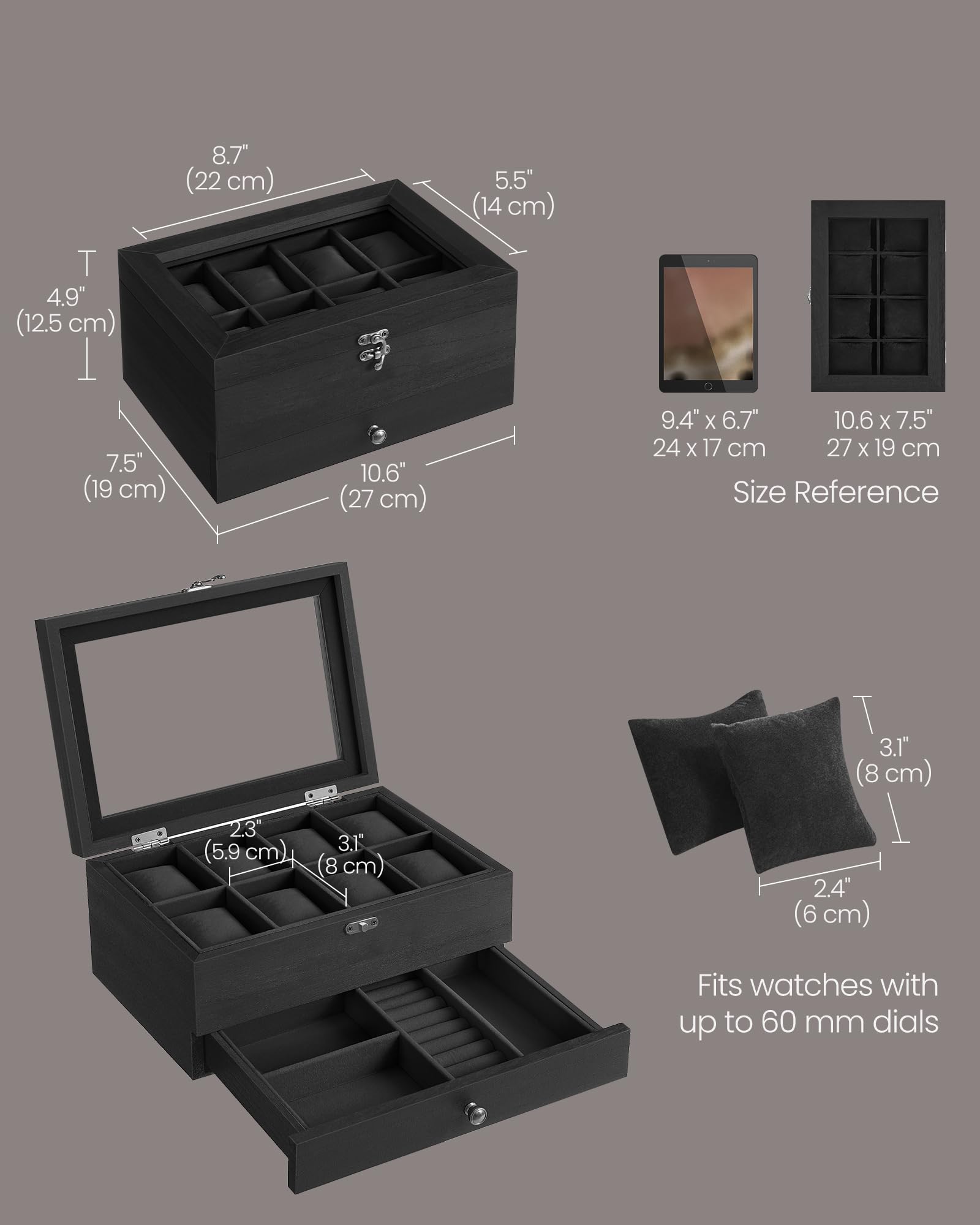 Foto 5 pulgar | Watch Box Songmics De 8 Ranuras Y 2 Niveles Con Tapa De Vidrio Y Tinta Negra Ujow008b02 - Venta Internacional.