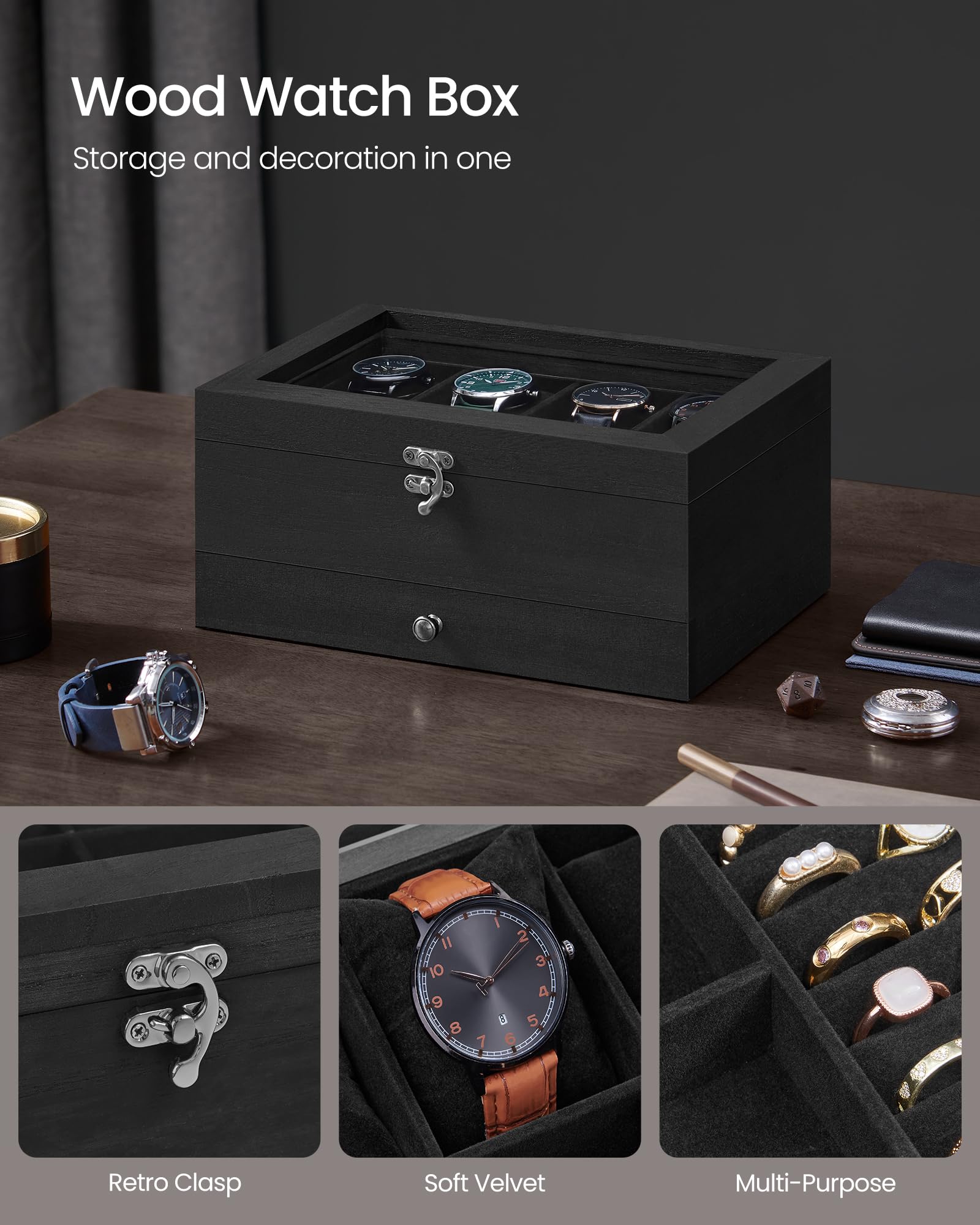 Foto 6 pulgar | Watch Box Songmics De 8 Ranuras Y 2 Niveles Con Tapa De Vidrio Y Tinta Negra Ujow008b02 - Venta Internacional.