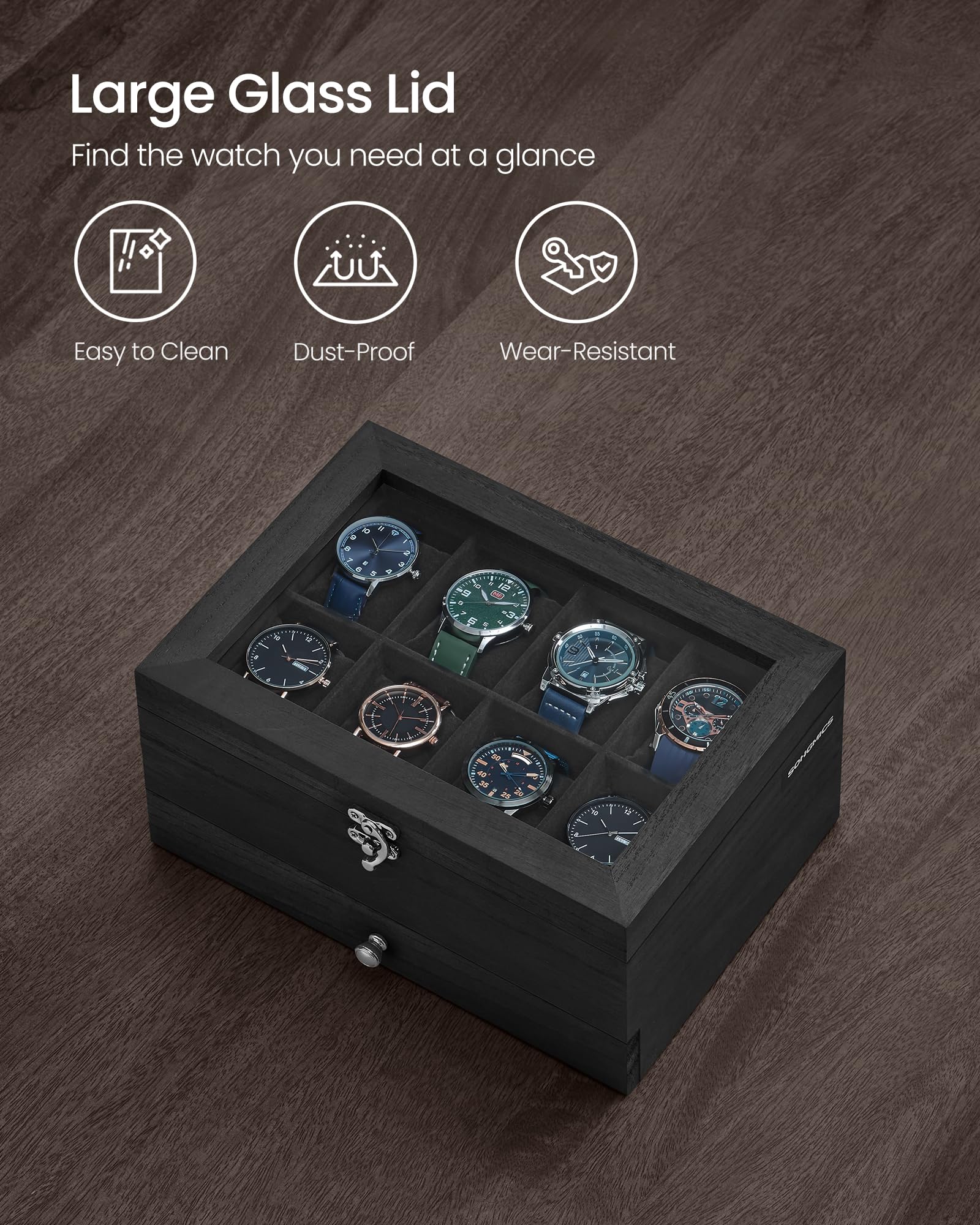 Foto 7 pulgar | Watch Box Songmics De 8 Ranuras Y 2 Niveles Con Tapa De Vidrio Y Tinta Negra Ujow008b02 - Venta Internacional.