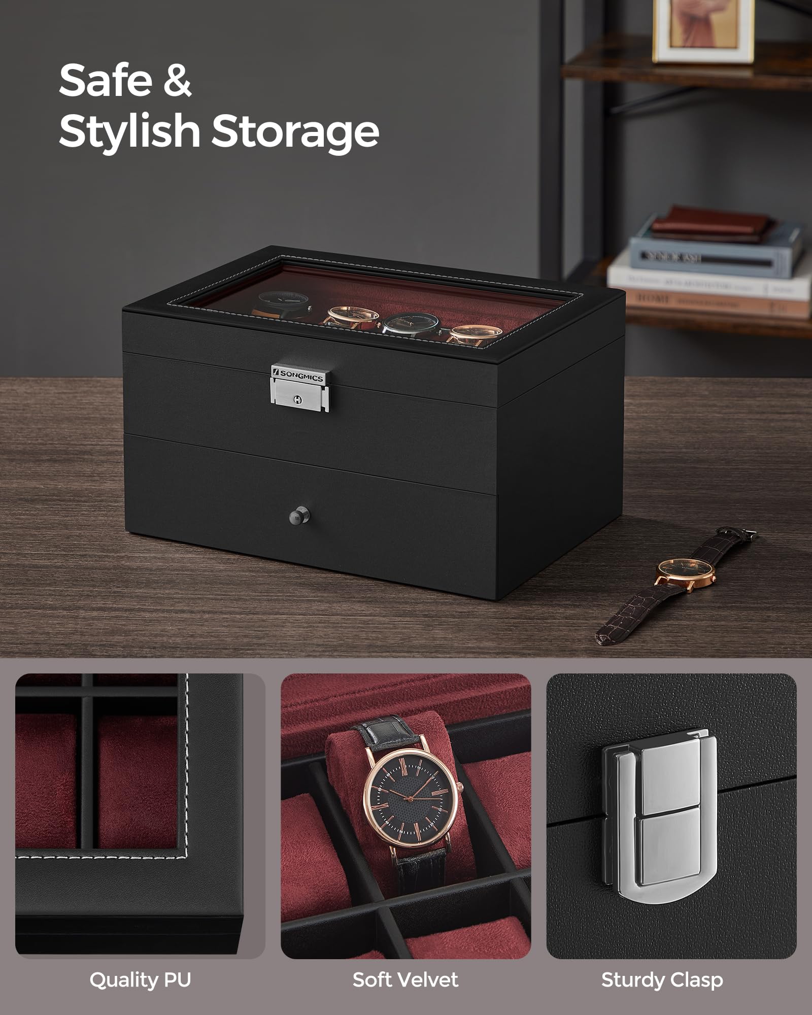 Foto 3 | Caja De Reloj Songmics De 20 Ranuras Con Tapa De Cristal, 2 Capas, Con Cierre - Venta Internacional.