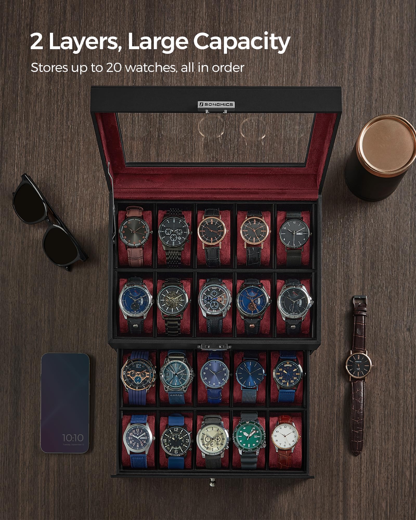 Foto 4 | Caja De Reloj Songmics De 20 Ranuras Con Tapa De Cristal, 2 Capas, Con Cierre - Venta Internacional.