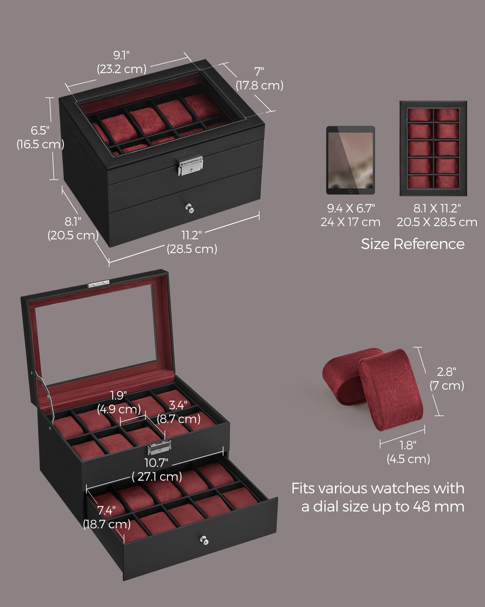 Foto 6 | Caja De Reloj Songmics De 20 Ranuras Con Tapa De Cristal, 2 Capas, Con Cierre - Venta Internacional.