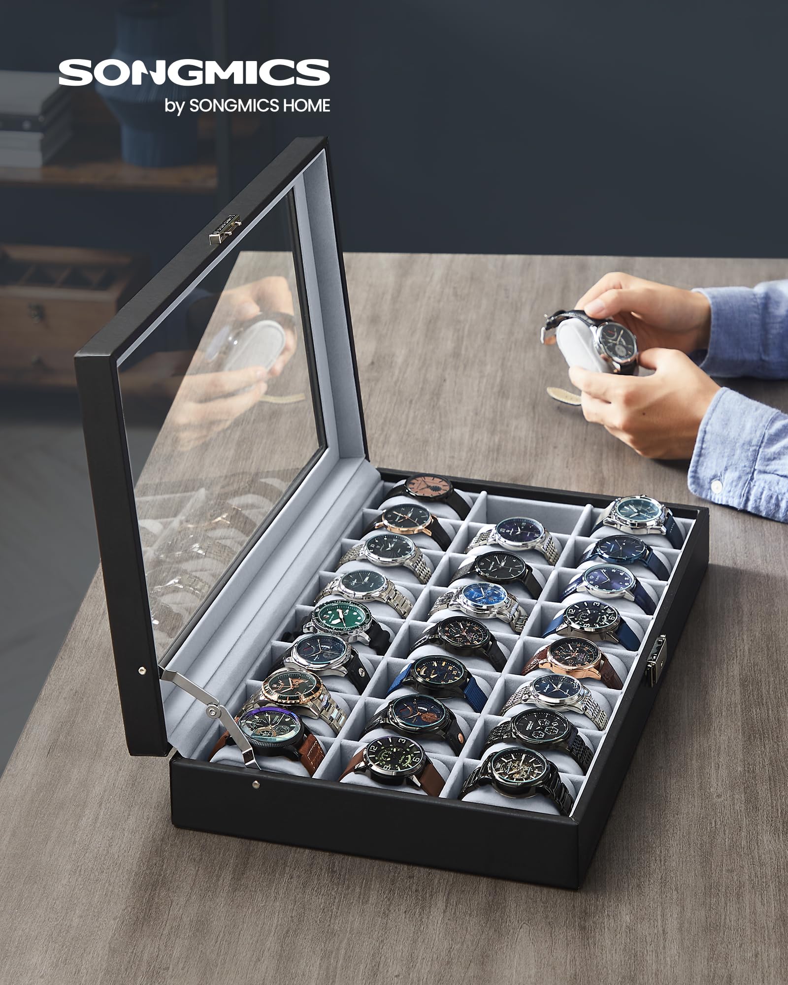 Foto 3 pulgar | Watch Box Songmics Con Cierre De 24 Ranuras Y Tapa De Cristal, Color Negro - Venta Internacional.