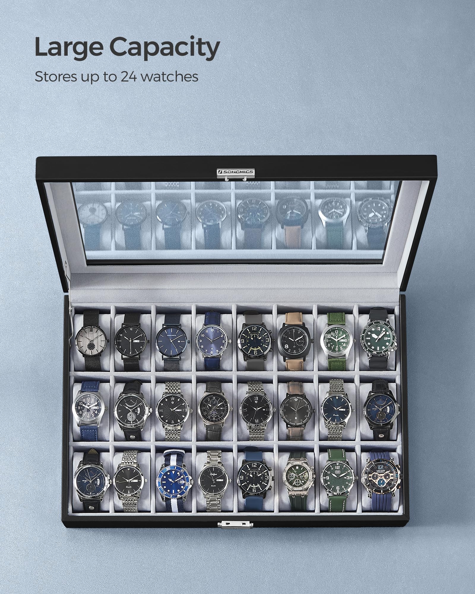Foto 4 pulgar | Watch Box Songmics Con Cierre De 24 Ranuras Y Tapa De Cristal, Color Negro - Venta Internacional.