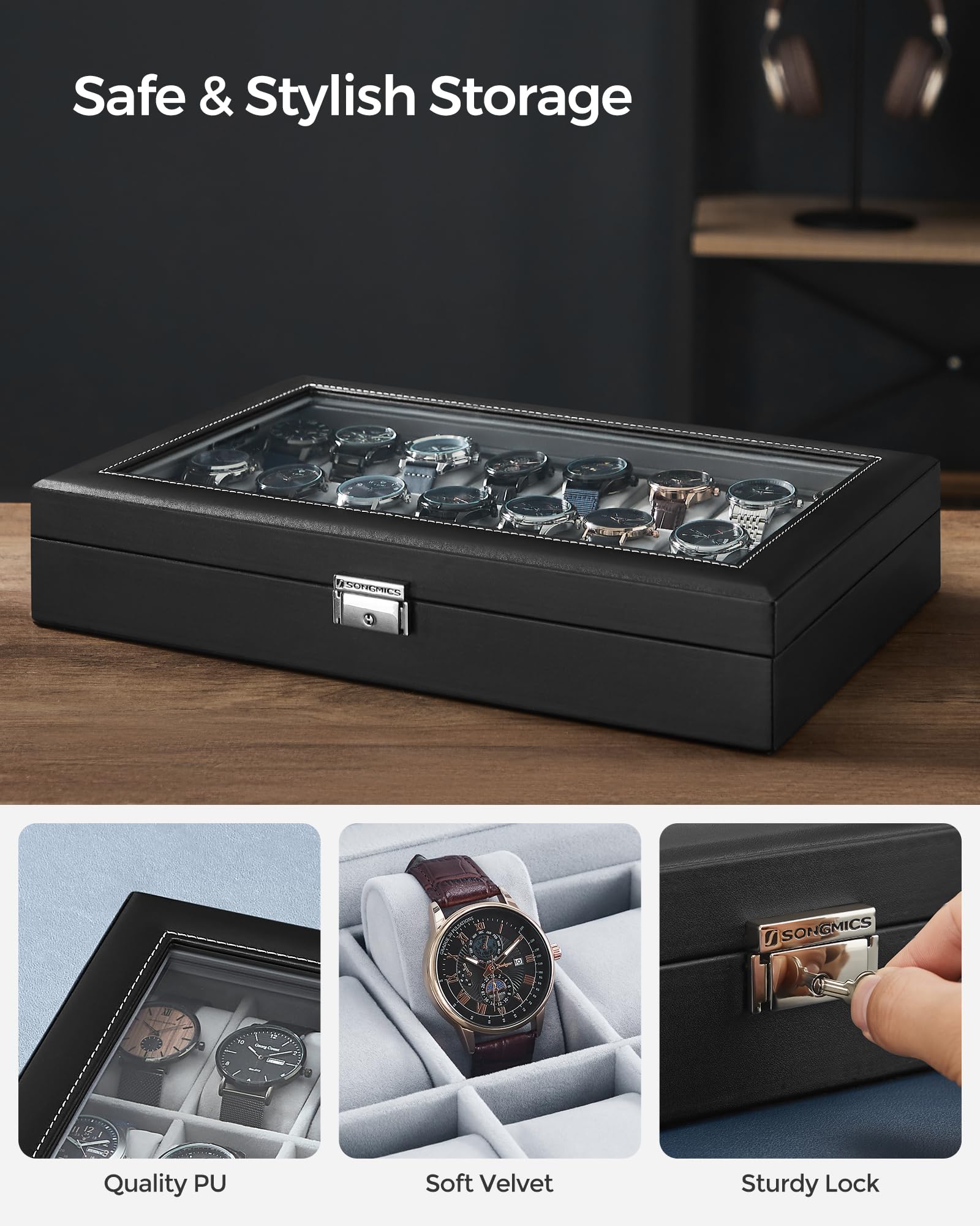 Foto 5 pulgar | Watch Box Songmics Con Cierre De 24 Ranuras Y Tapa De Cristal, Color Negro - Venta Internacional.