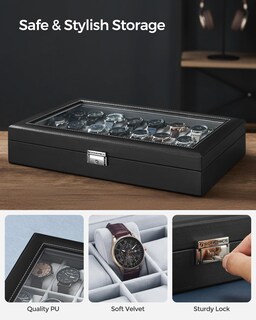 Foto 4 | Watch Box Songmics Con Cierre De 24 Ranuras Y Tapa De Cristal, Color Negro - Venta Internacional.