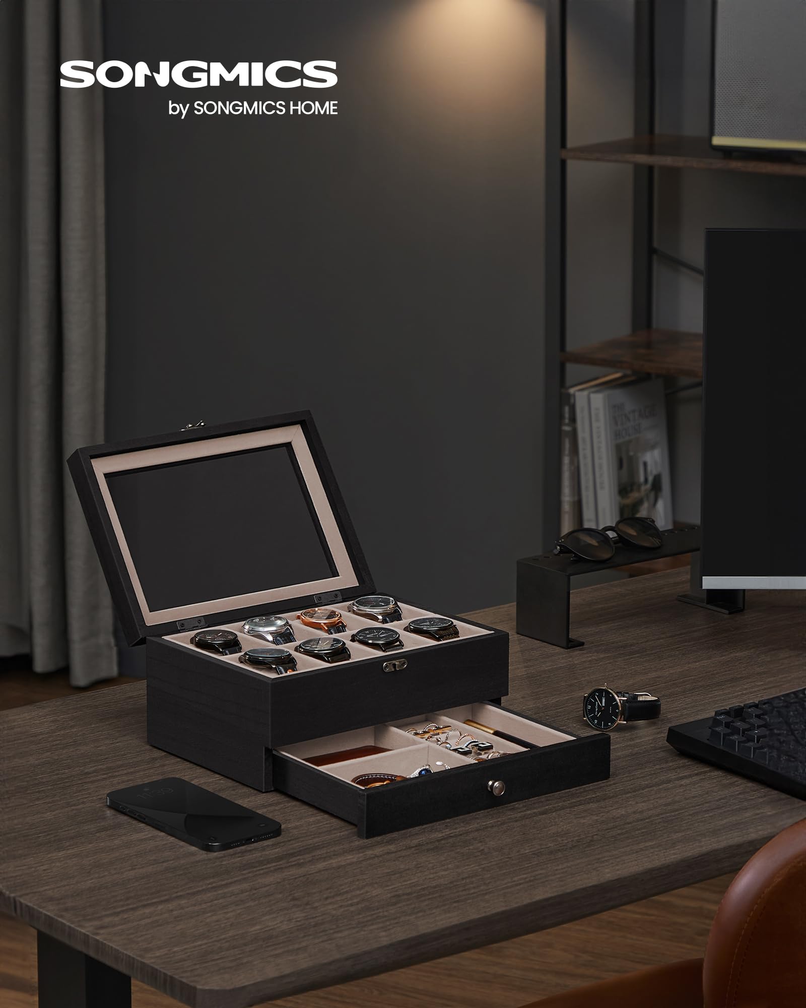 Foto 3 pulgar | Caja para Relojes Songmics de 8 Ranuras y 2 Niveles con Tapa de Cristal Negro - Venta Internacional