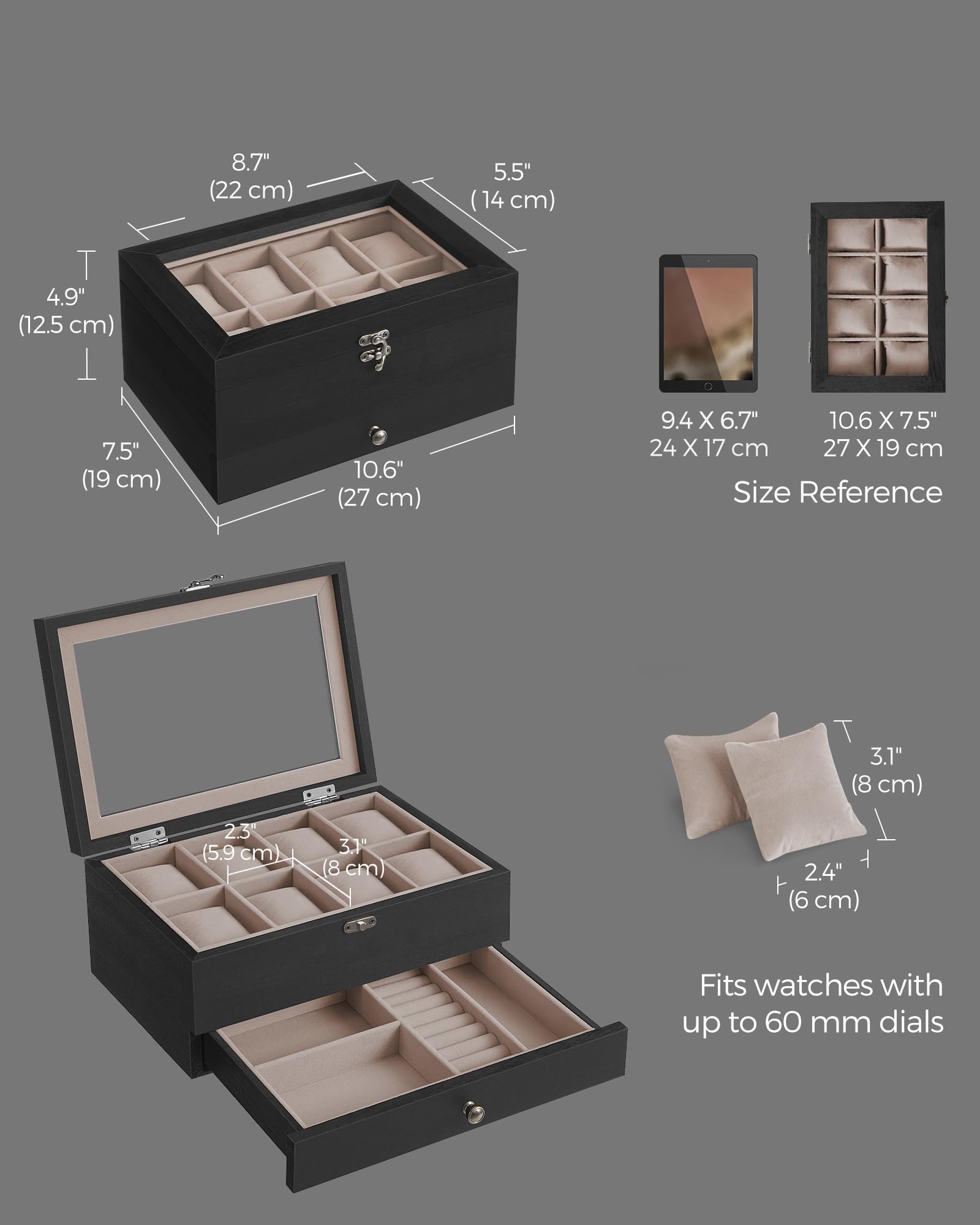 Foto 4 pulgar | Caja para Relojes Songmics de 8 Ranuras y 2 Niveles con Tapa de Cristal Negro - Venta Internacional