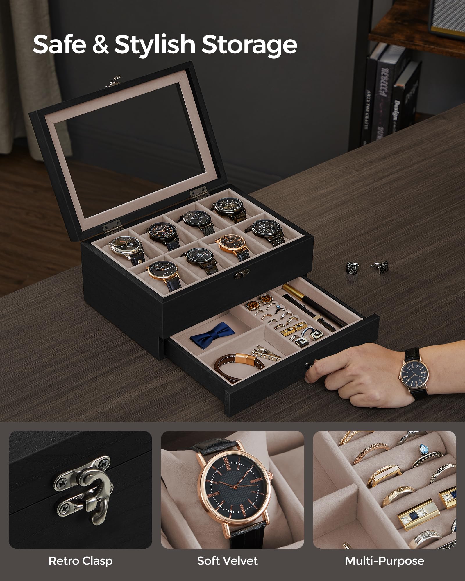 Foto 5 pulgar | Caja para Relojes Songmics de 8 Ranuras y 2 Niveles con Tapa de Cristal Negro - Venta Internacional