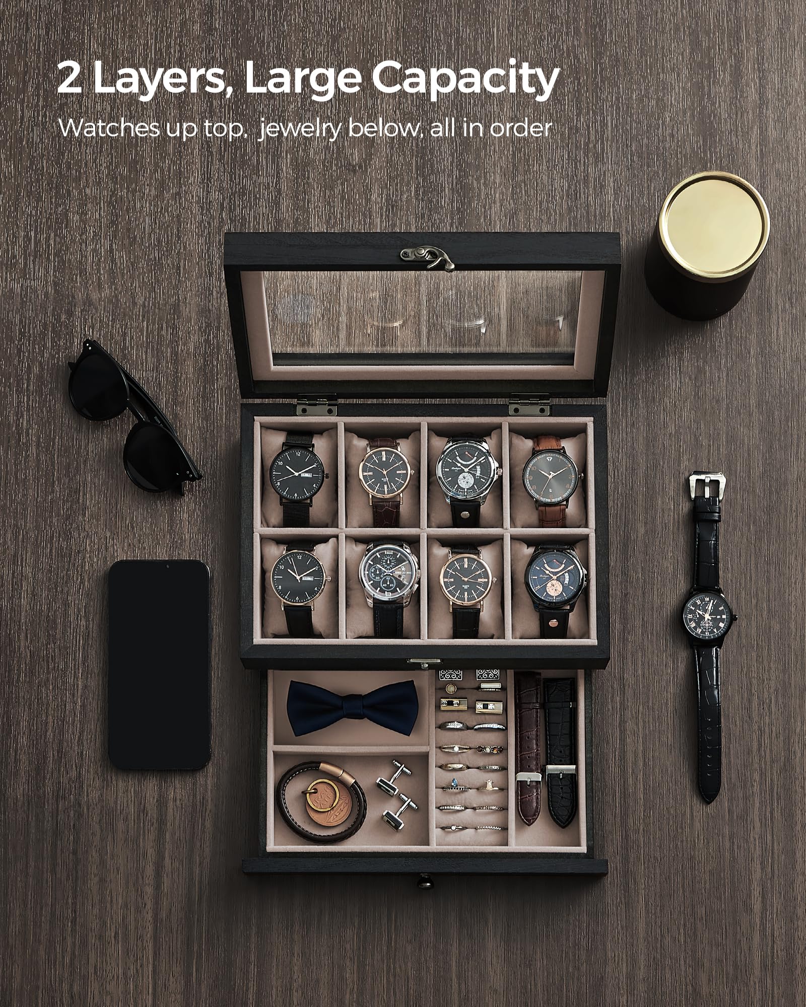 Foto 7 pulgar | Caja para Relojes Songmics de 8 Ranuras y 2 Niveles con Tapa de Cristal Negro - Venta Internacional