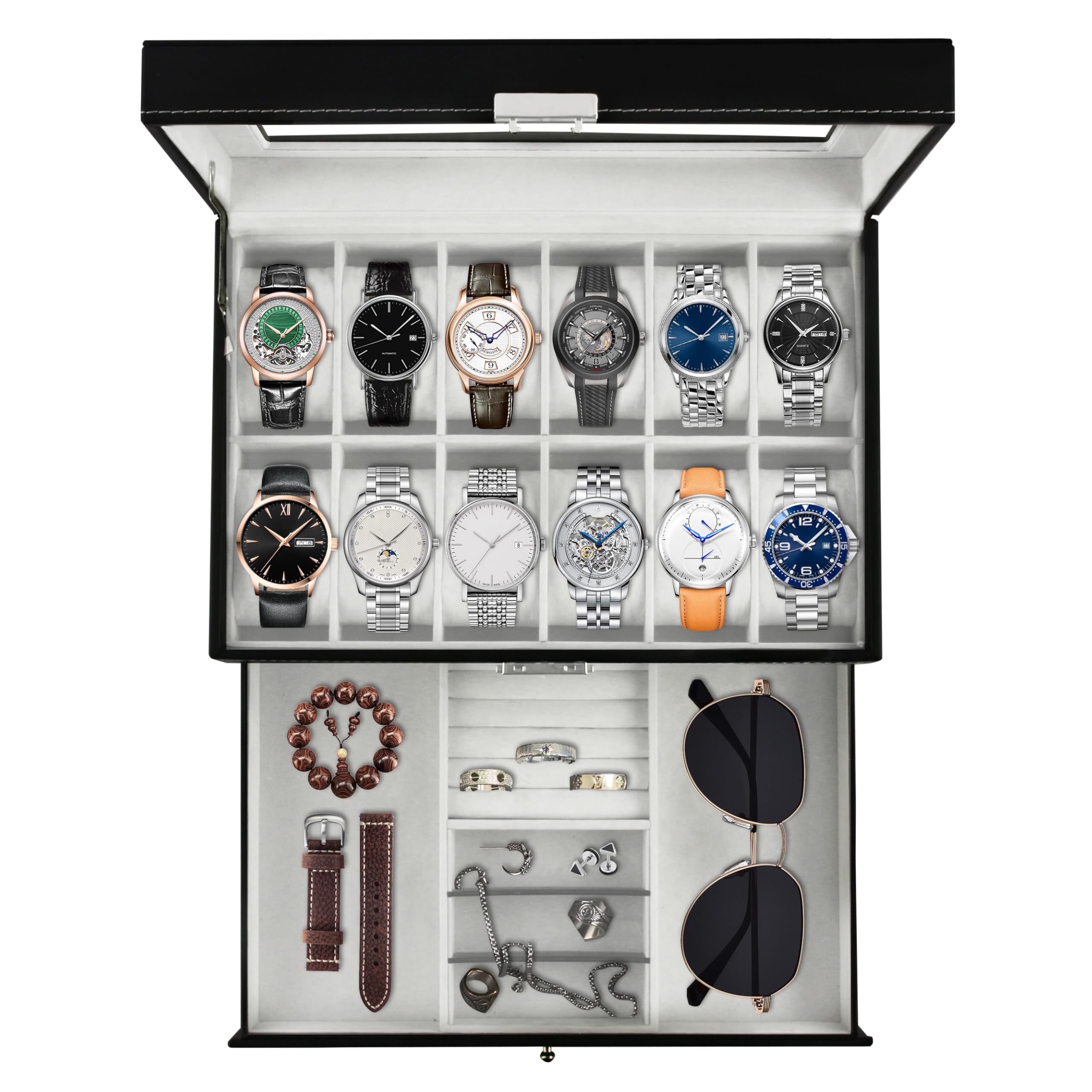 Foto 2 pulgar | Caja De Almacenamiento Para Relojes Ogrmar De 12 Ranuras De Piel Sintética Con Cierre, Negra - Venta Internacional.