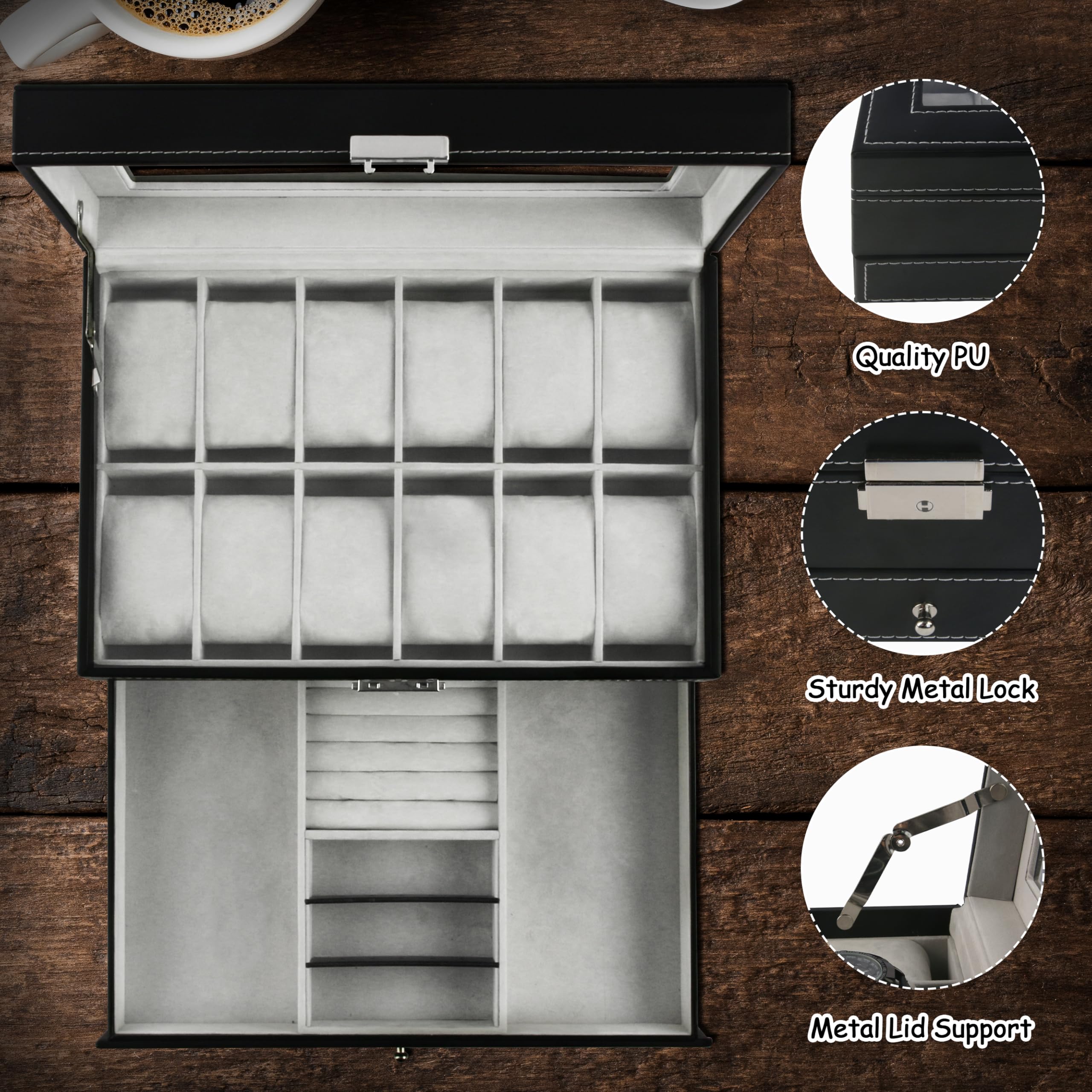 Foto 5 pulgar | Caja De Almacenamiento Para Relojes Ogrmar De 12 Ranuras De Piel Sintética Con Cierre, Negra - Venta Internacional.