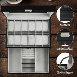 Foto 4 | Caja De Almacenamiento Para Relojes Ogrmar De 12 Ranuras De Piel Sintética Con Cierre, Negra - Venta Internacional.