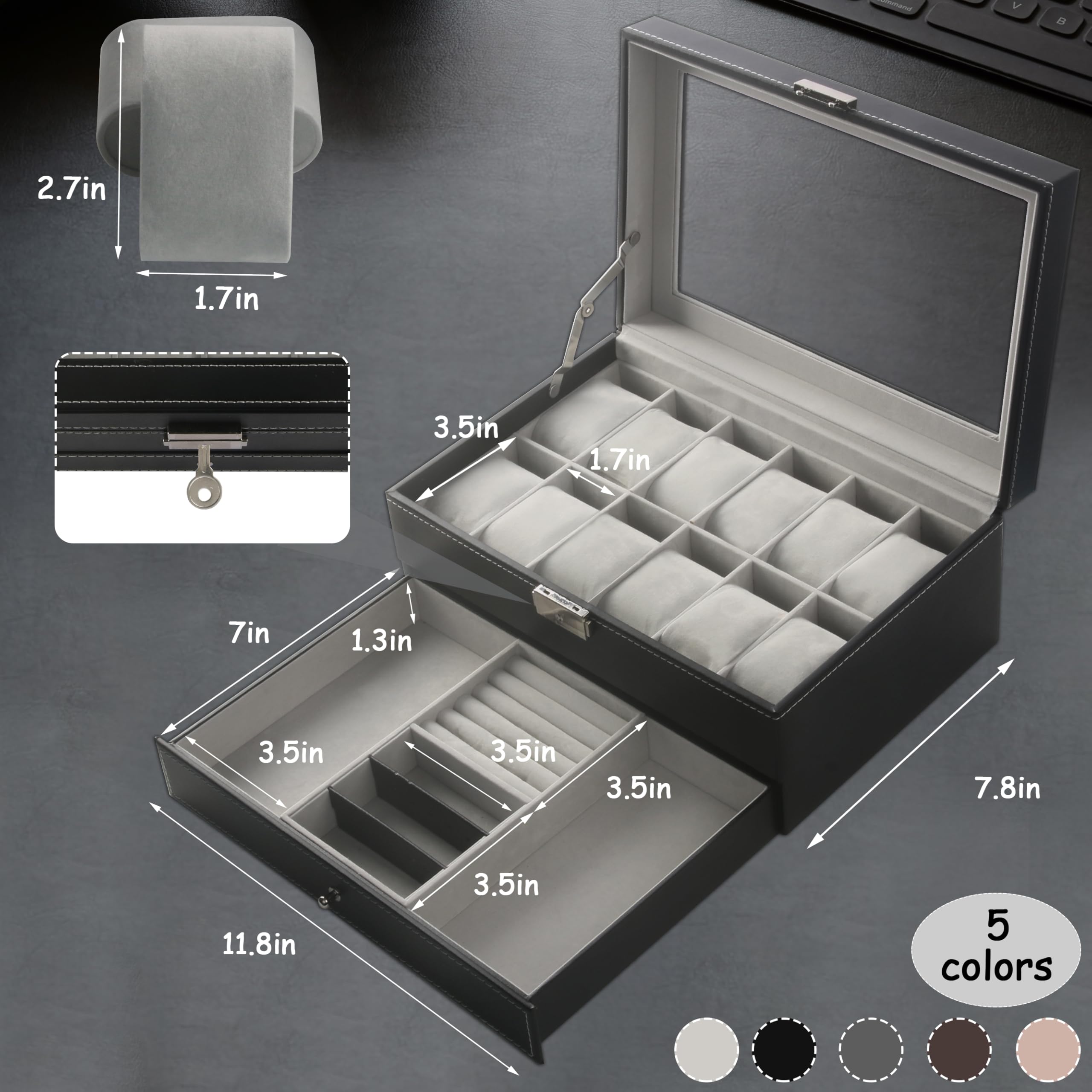 Foto 5 | Caja De Almacenamiento Para Relojes Ogrmar De 12 Ranuras De Piel Sintética Con Cierre, Negra - Venta Internacional.