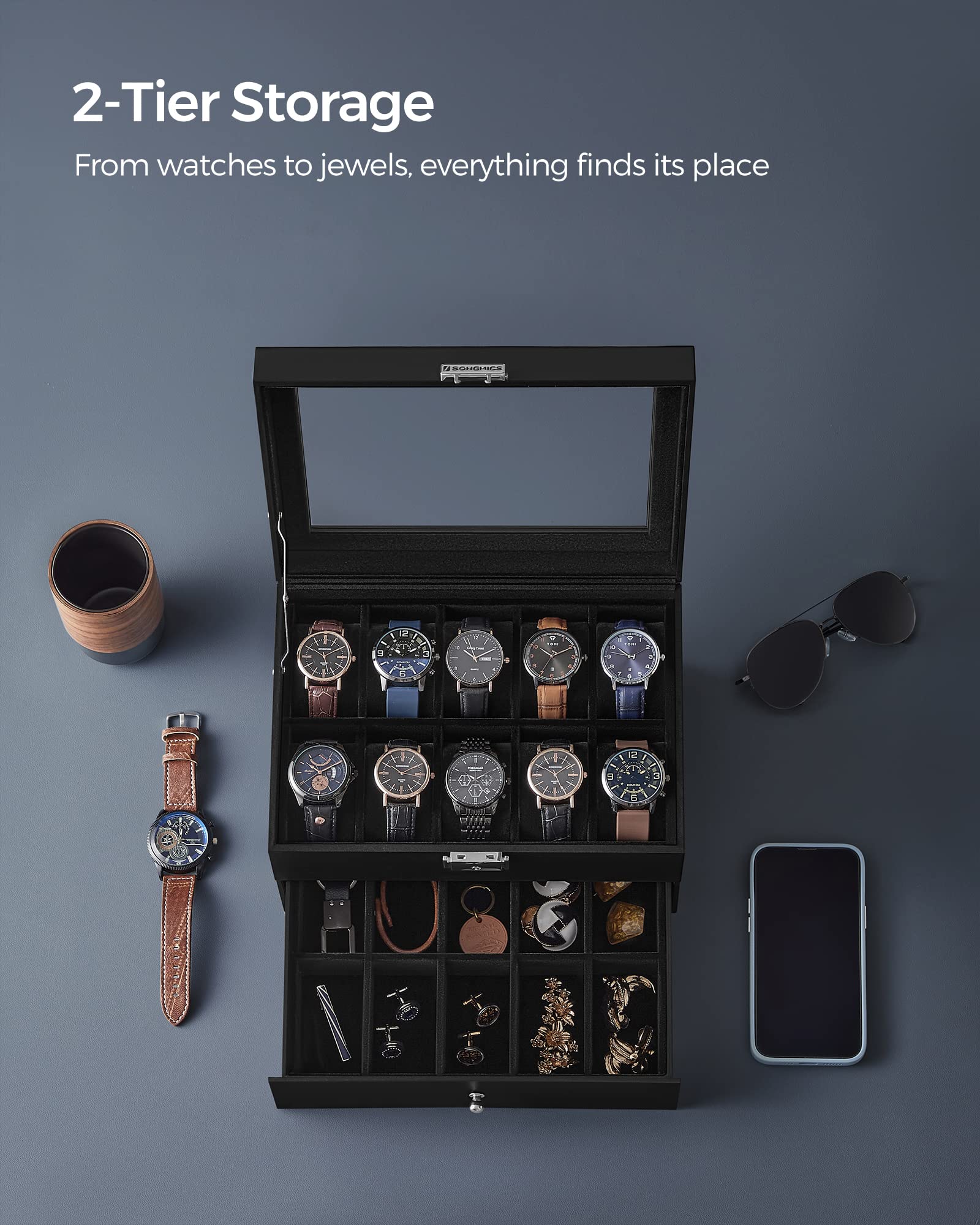 Foto 4 pulgar | Caja De Reloj Songmics De 20 Ranuras Con Tapa De Cristal De 2 Capas, Negra, Ujwb020b01 - Venta Internacional.