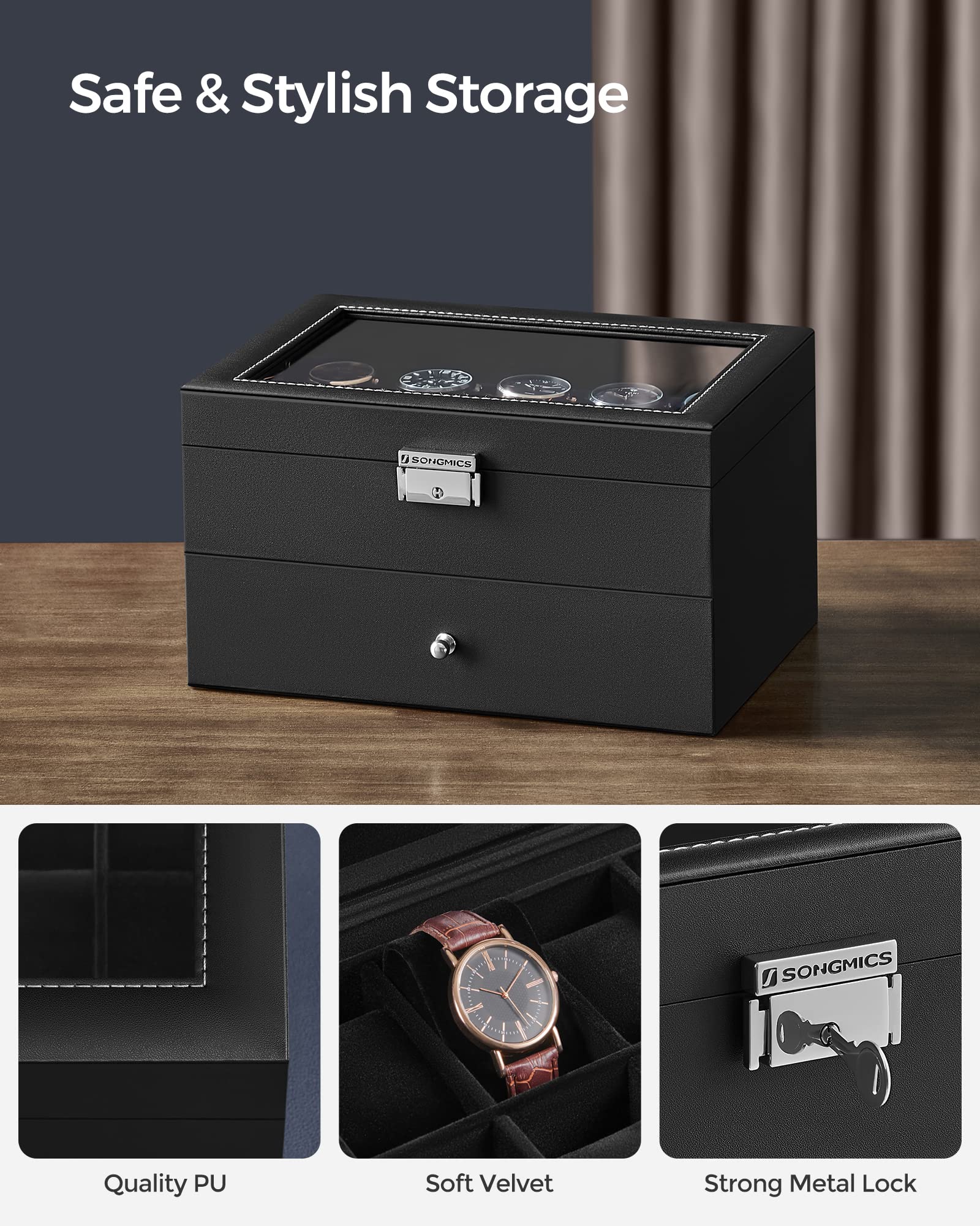 Foto 5 pulgar | Caja De Reloj Songmics De 20 Ranuras Con Tapa De Cristal De 2 Capas, Negra, Ujwb020b01 - Venta Internacional.