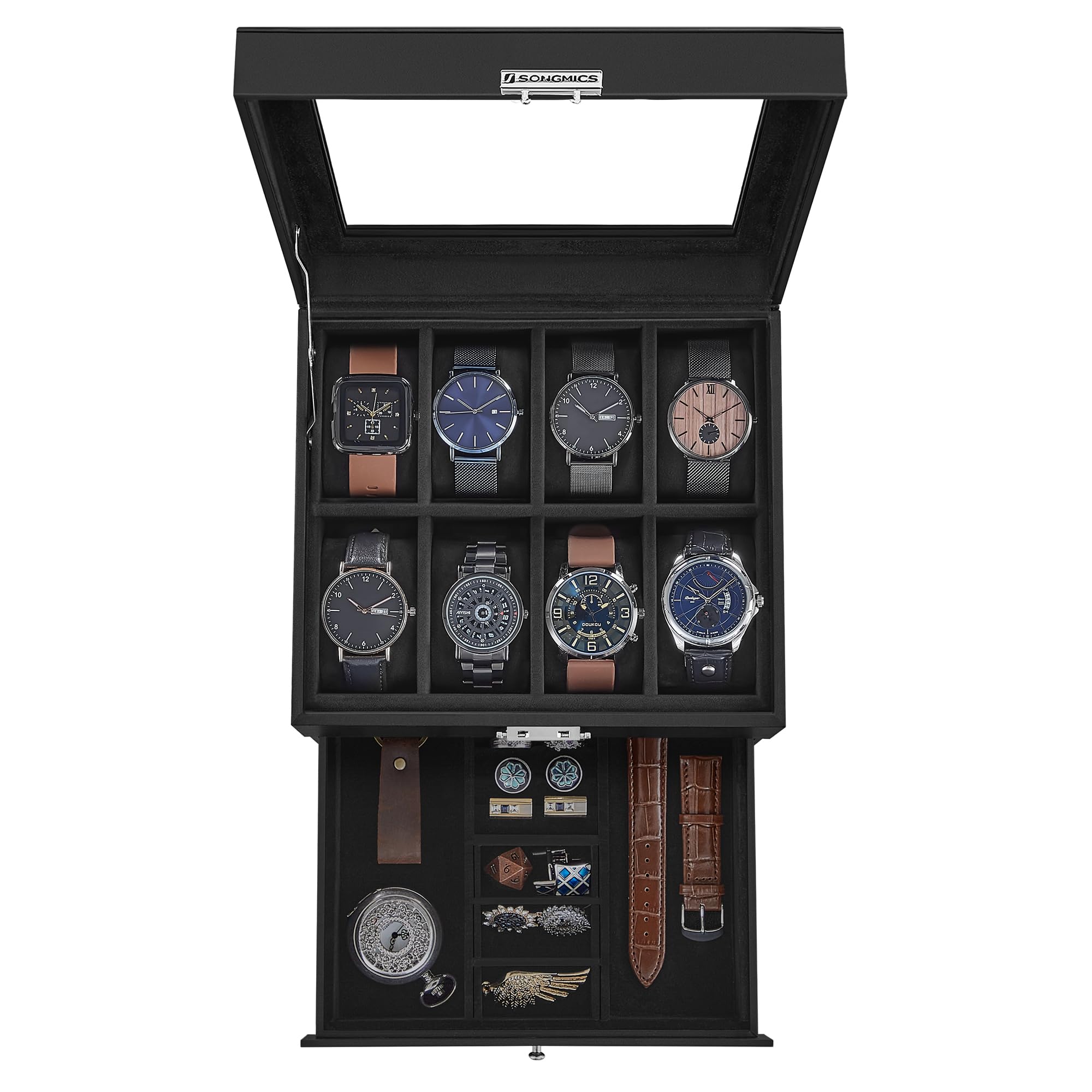 Foto 2 pulgar | Caja Para Relojes Songmics De 8 Ranuras Con Cierre, Tapa De Cristal Y Cajón - Venta Internacional.